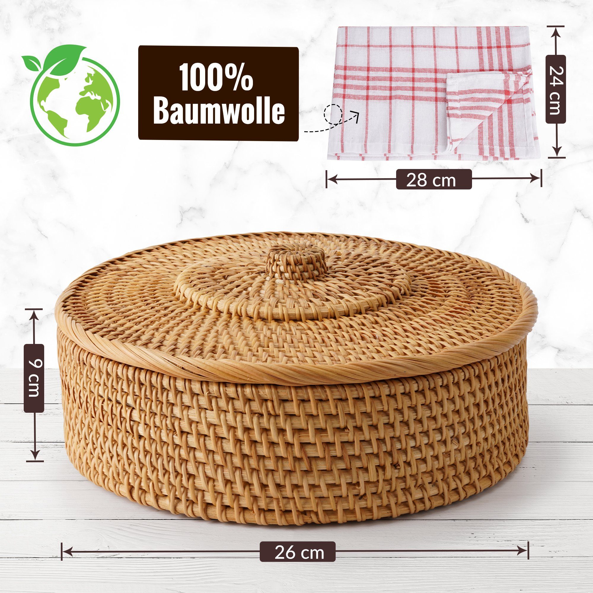 Tortillada Brotkorb Tortilla-Wärmer 26 cm, Rattan, (Set, 2-tlg., inklusive Baumwolltuch), handgemacht, für bis zu 15 Tortillas, mit Baumwolltuch