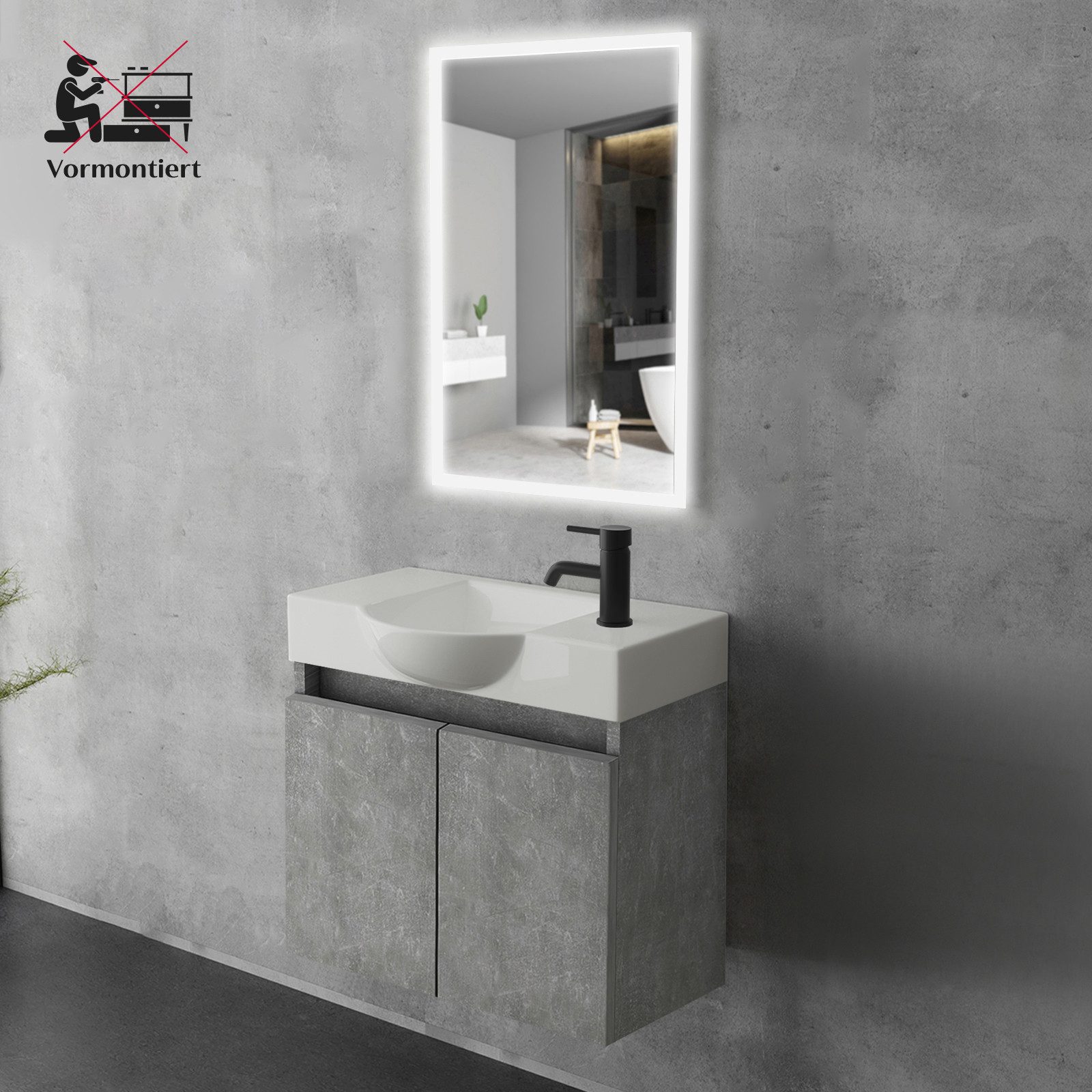 Alpenberger Badmöbel-Set Gäste WC Waschbecken mit Unterschrank 55 cm Breit, (Badmöbel Schmal, Kleiner Badezimmerschrank), Waschbeckenunterschrank mit Softclose Funktion