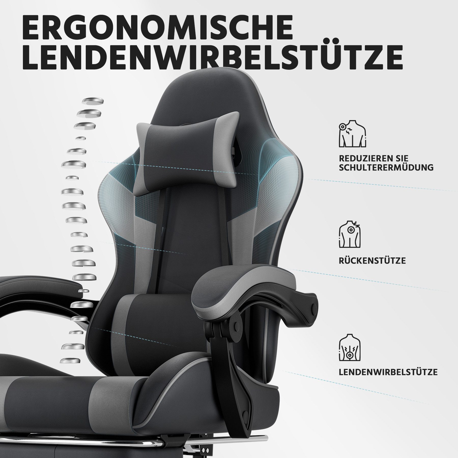 GLP Gaming-Stuhl Ergonomisch (Set), Bürostuhl mit Fußstütze, Kopfkissen & Synchronarmlehnen