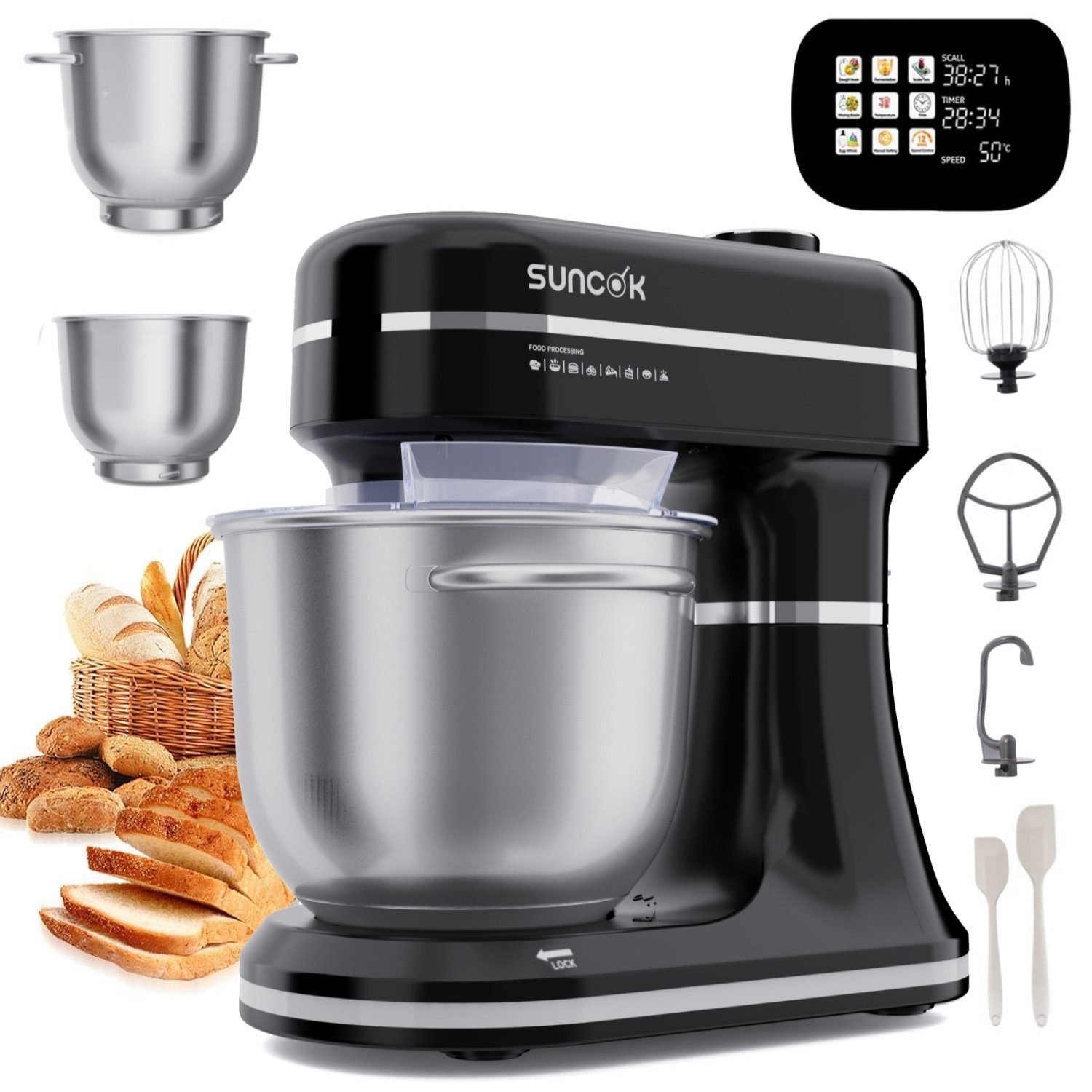 SUNCOK Küchenmaschine Multifunktionale Knetmaschine, 12-Geschwindigkeit, 59 Dezibel. geeignet zum Backen und Kneten von Teig, 1500 W, Elektrische Küchenmaschine,mit 2 Edelstahl-Rührschüsseln 4,5 und 5,5l