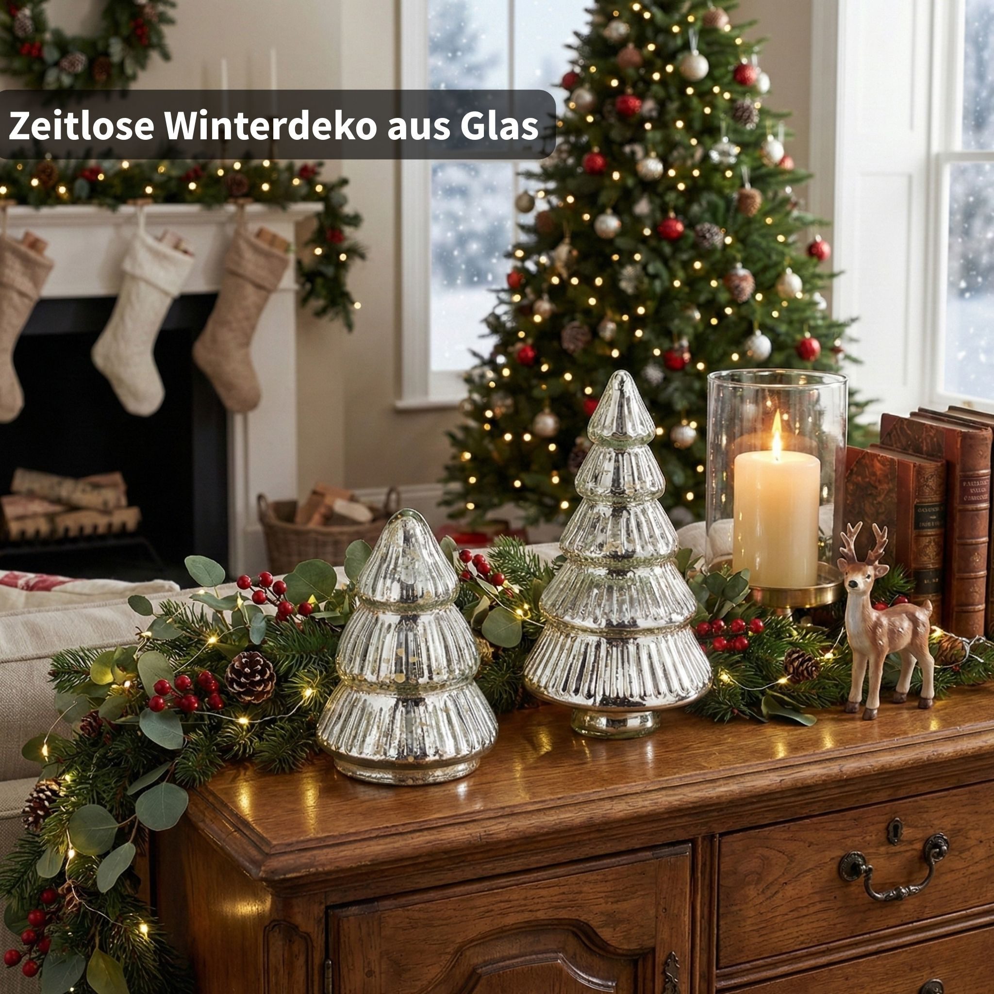 matches21 HOME & HOBBY Dekofigur Tannenbäume Weihnachtsdeko Glasfiguren 2er Set silber (2 St), Edle Weihnachtsbäume Tischdeko Fensterdeko Weihnachtsfiguren