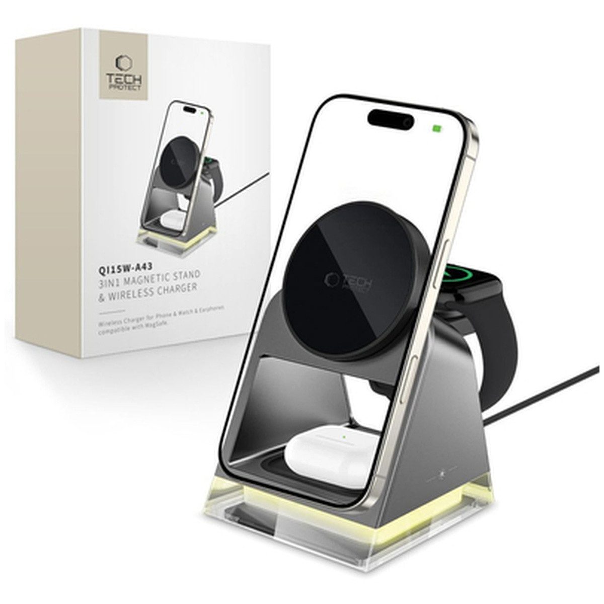 TECH PROTECT Tech Protect QI15W A43 3in1 kabelloses Ladegerät mit MagSafe Smartphone-Ladegerät