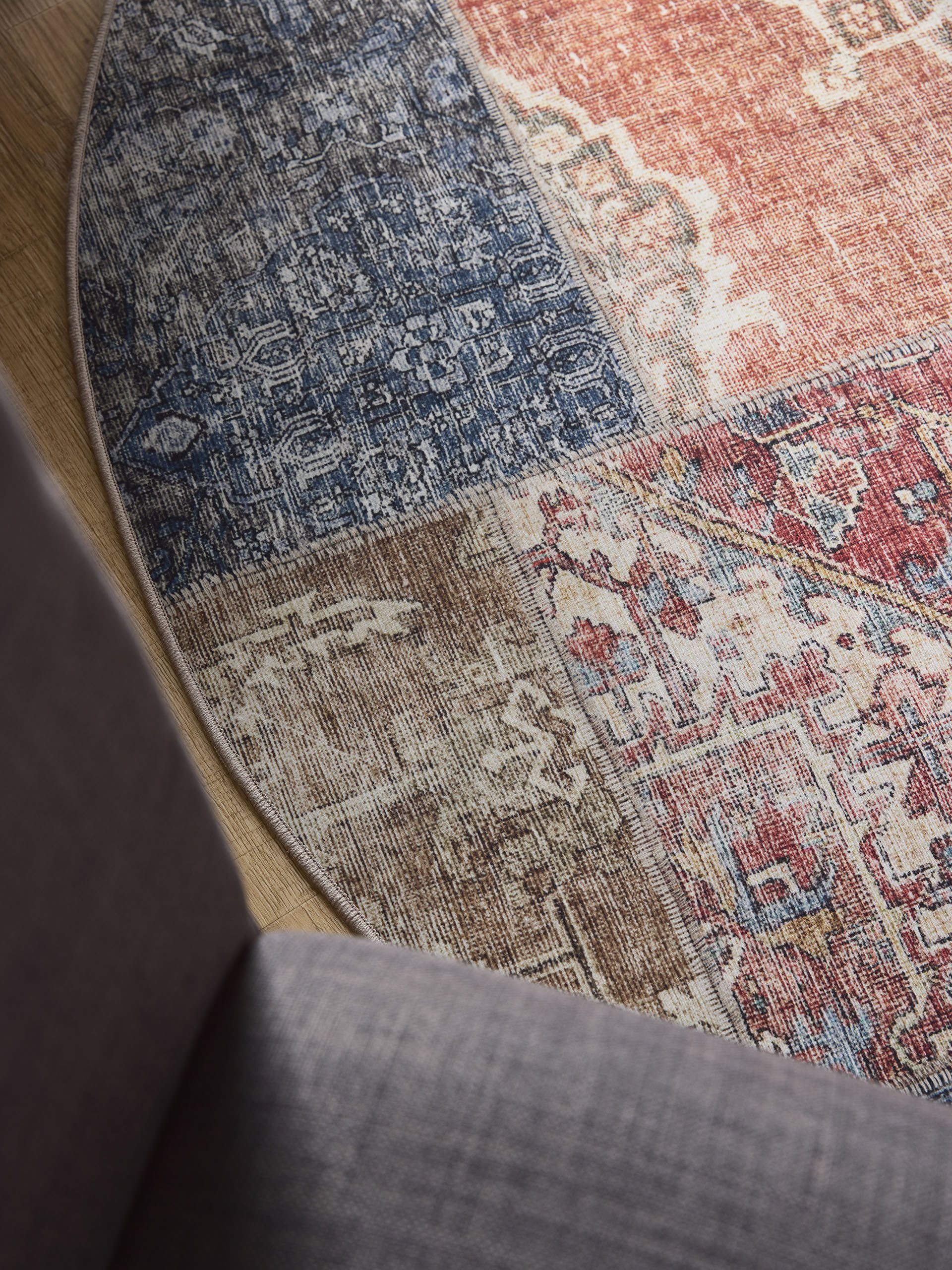 Interiyou Teppich Gent, Rund, Höhe: 5 mm, Vintage Kurzflor für Wohnzimmer, Schlafzimmer, waschbar, pflegeleicht