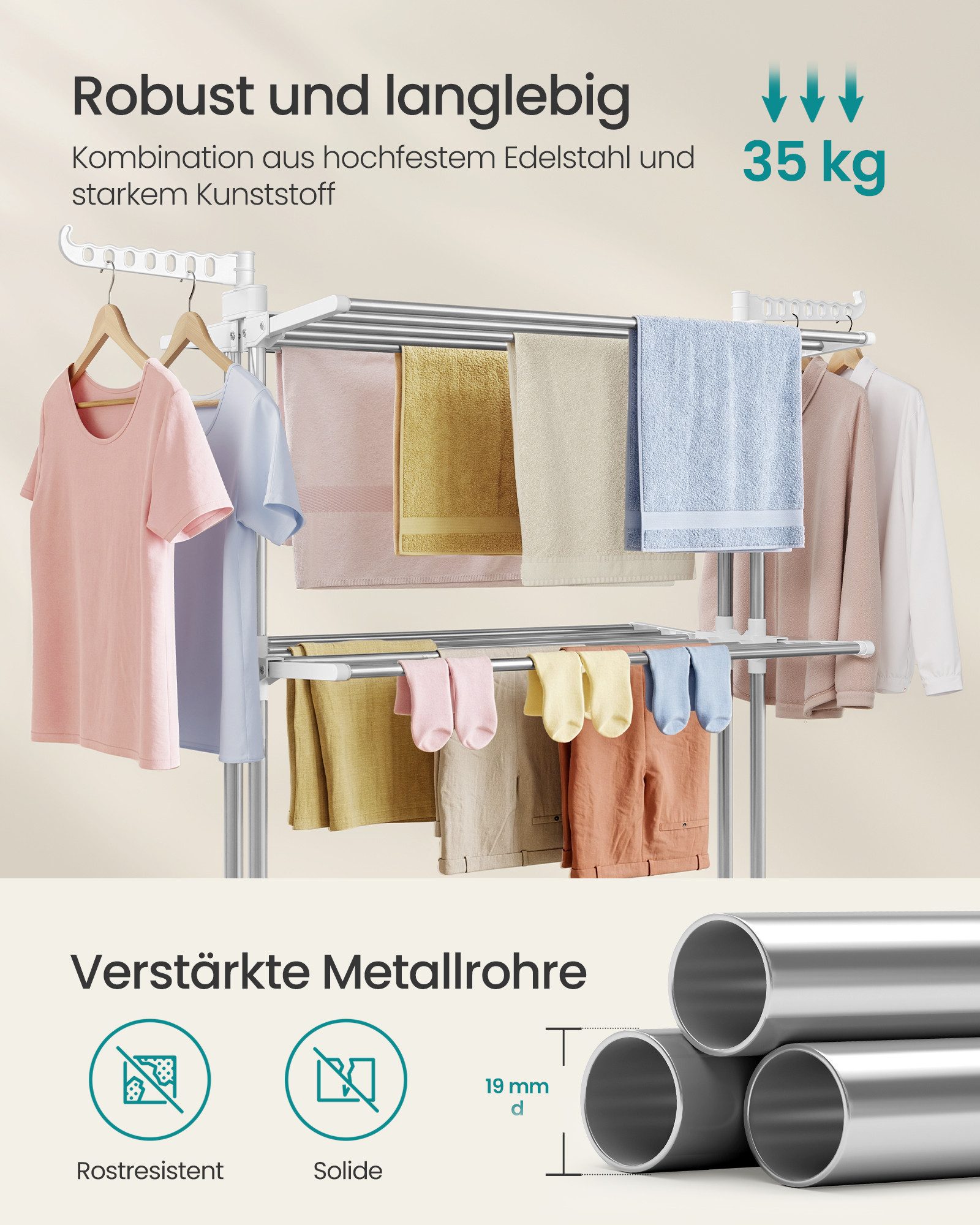 SONGMICS Wäscheständer Turm Standtrockner 4 Ebenen, Flügelwäscheständer, einfacher Aufbau, 63,5 x 128 x 173 cm, einfacher Aufbau, groß, Flügelwäscheständer – Bild 4 von 5