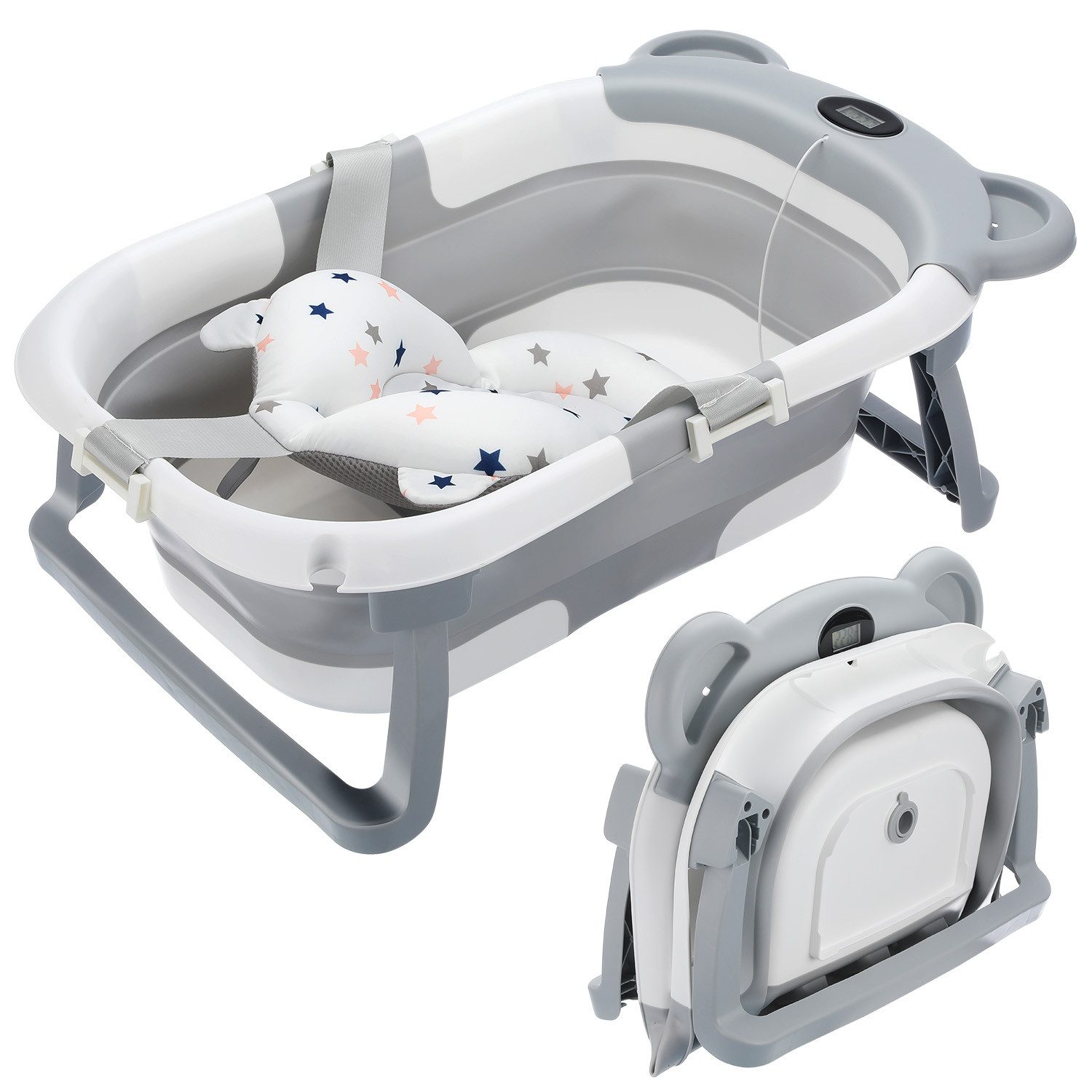 oyajia Babybadewanne Faltbare Badewanne PP&TPE Babywanne Badewannensitz, für 0-2 Jahre, mit weichem Schwimmkissen und Thermometer, Rutschfeste Badewanne