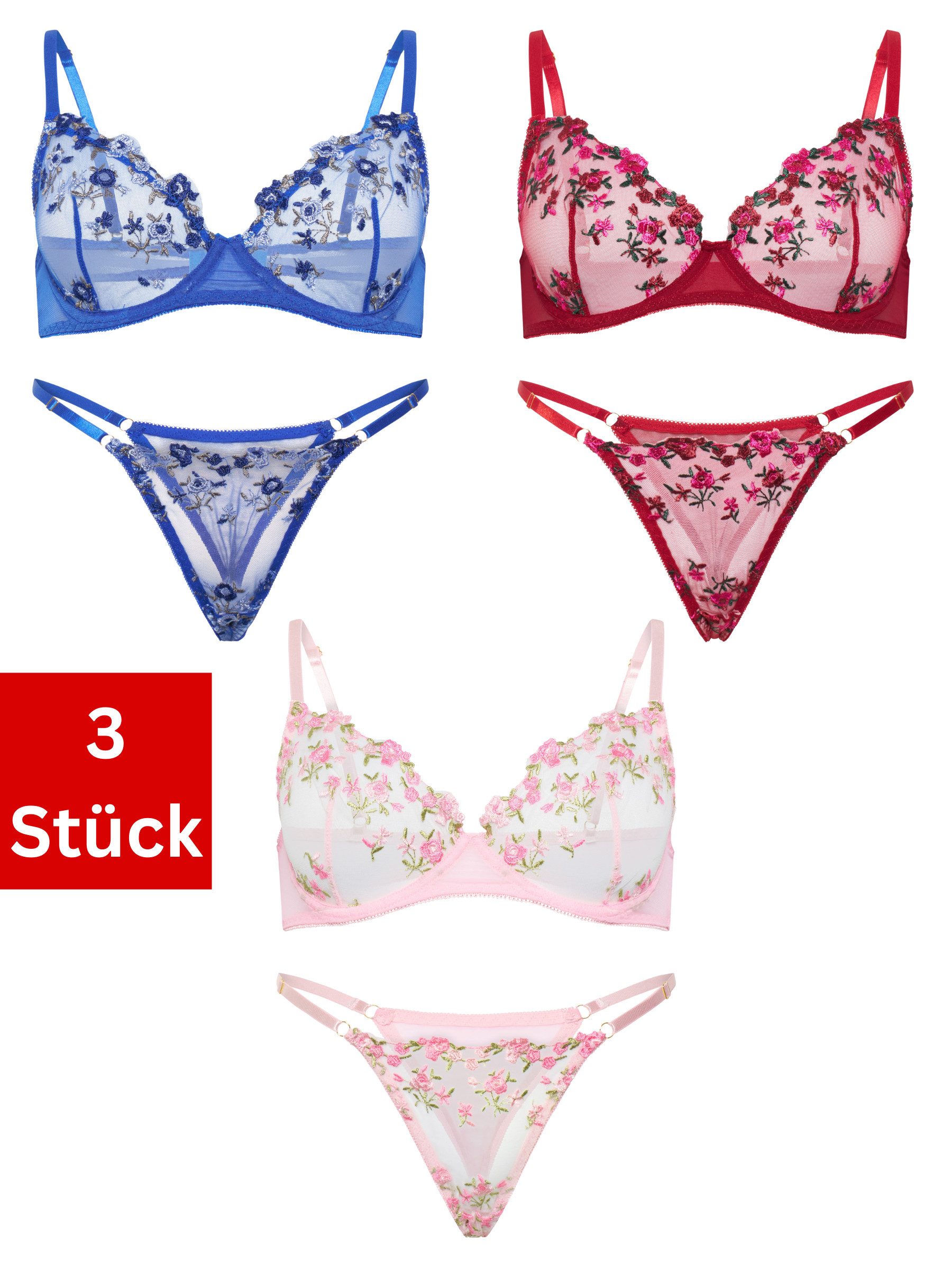 Elegant Love Set: Bügel-BH Blumenstickerei Dessous-Set – elegantes BH-Set für Damen (Packung, 2-tlg., 3-er Pack) sexy Lingerie-Set – BH & String aus besticktem Tüll, Reizwäsche