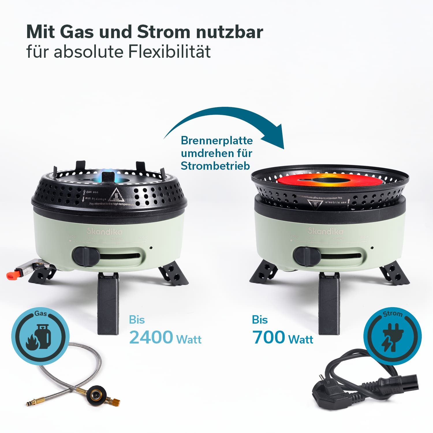 Skandika Gaskocher Campingkocher Rask, mit Geschirr, Topf und Pfanne, Piezozündung, (gepolsterten Netzbeutel, Kocher mit einklappbaren Füßen), Camping Kocher Hybrid, 2 in 1 Betrieb mit Strom oder Gas