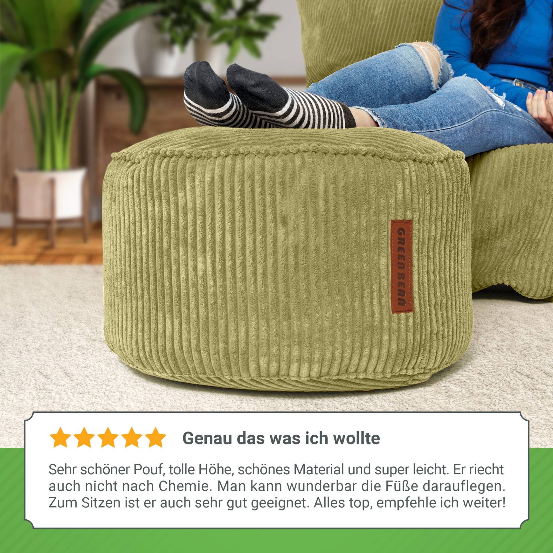 Green Bean Pouf Sitzsack-Hocker Pouf Cord 45x25cm (Indoor Sitzhocker Sitzkissen Fußhocker Relax-Sessel, Made in Germany), die ideale Ergänzung zum Sitzsack – Bild 3 von 5