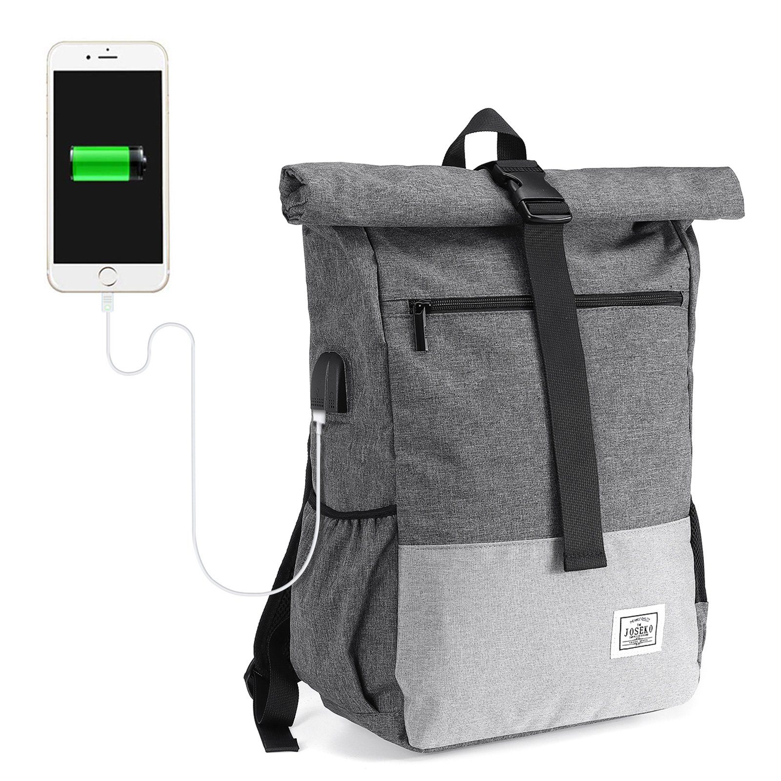 JOSEKO Freizeitrucksack Rolltop Rucksack Backpack Grau: Stilvoll & Flexibel!, modernes Rolltop Design, viele große Taschen + Fächer