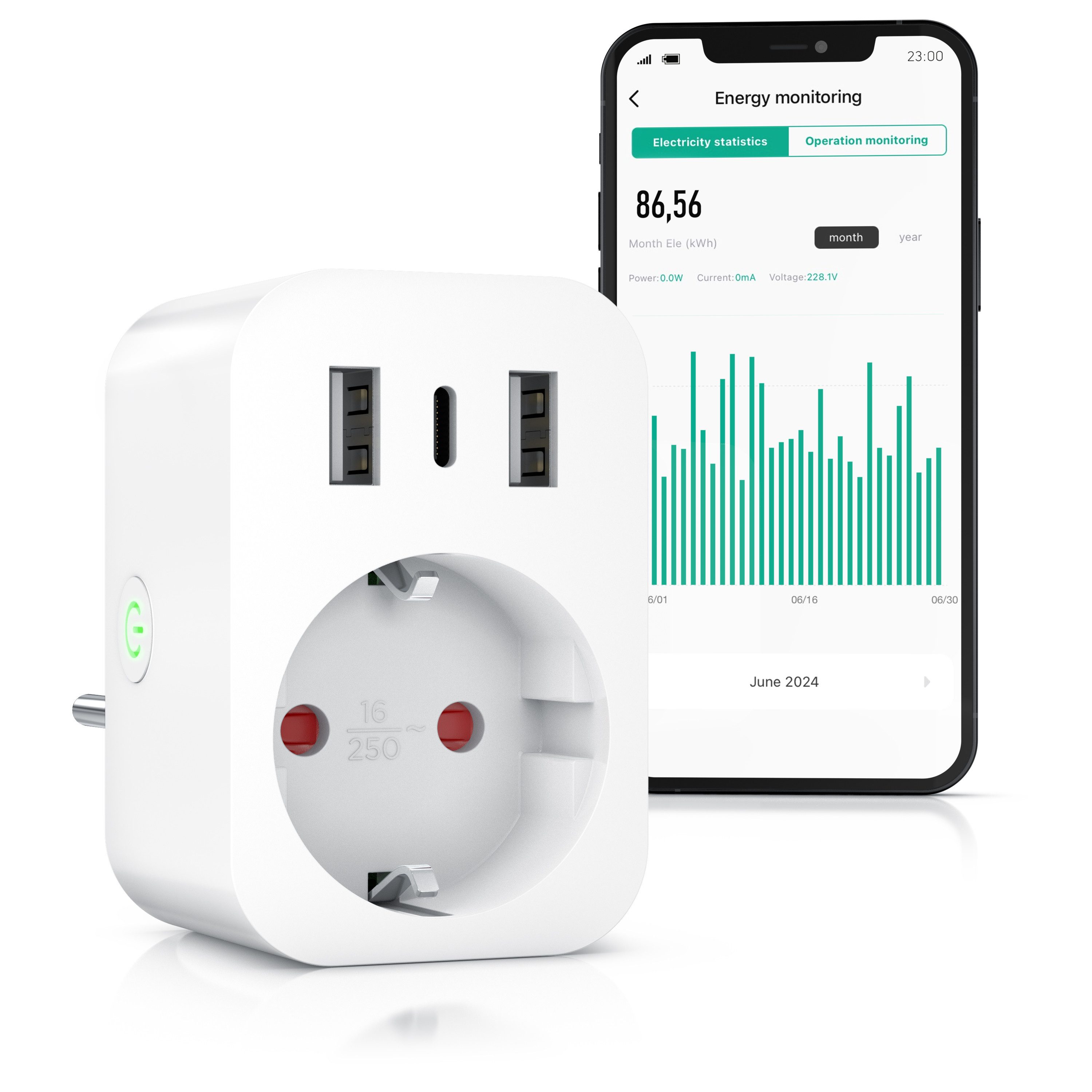 BEARWARE WLAN-Steckdose mit USB, 2,4Ghz WiFi Fernsteuerung per Smart life App, Sprachsteuerung, 1-St., Zeitschaltuhr, Energiekostenmessgerät, USB-Ladegerät, Countdown Timer von BEARWARE