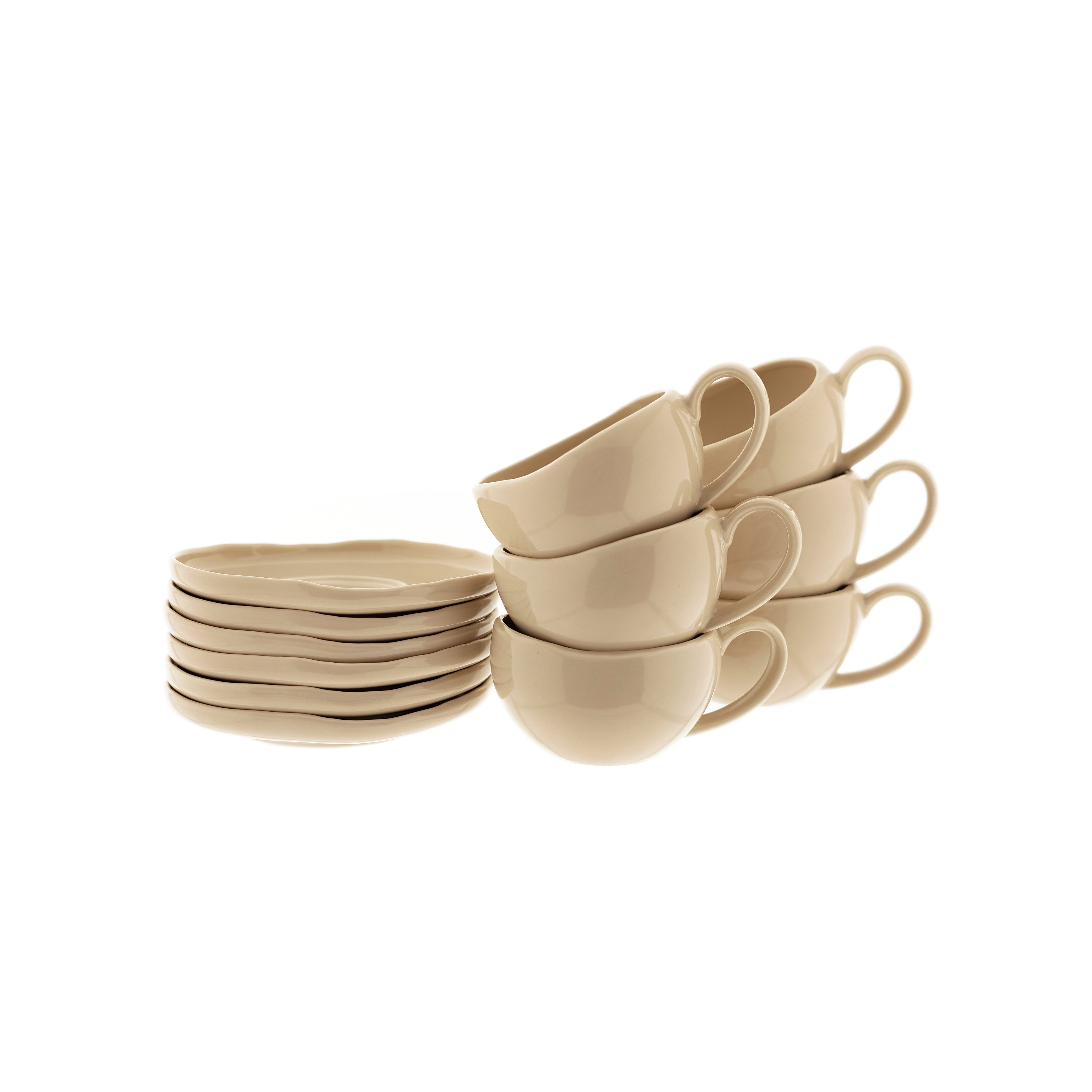 Almina Kaffeeservice Wave Biscuit Mokkatassen mit Untertellern (12-tlg), 6 Personen, Porzellan, 12-teiliges-Set