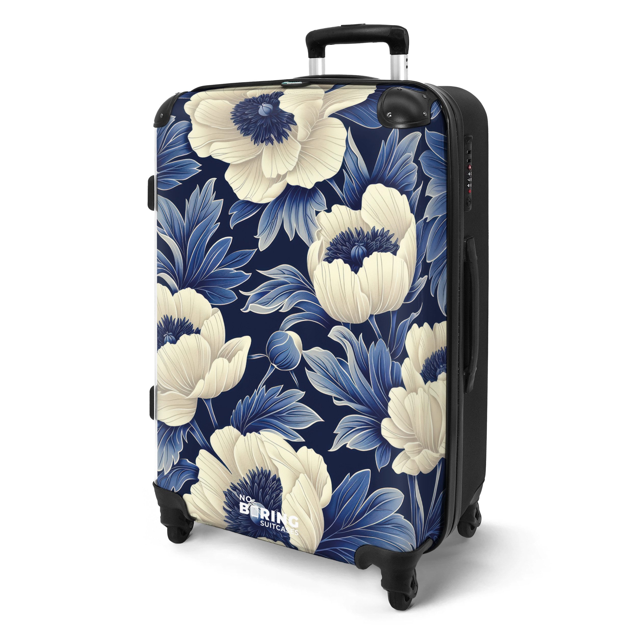 NoBoringSuitcases.com© Hartschalen-Trolley Dunkelblau mit weißen Blüten günstig online kaufen