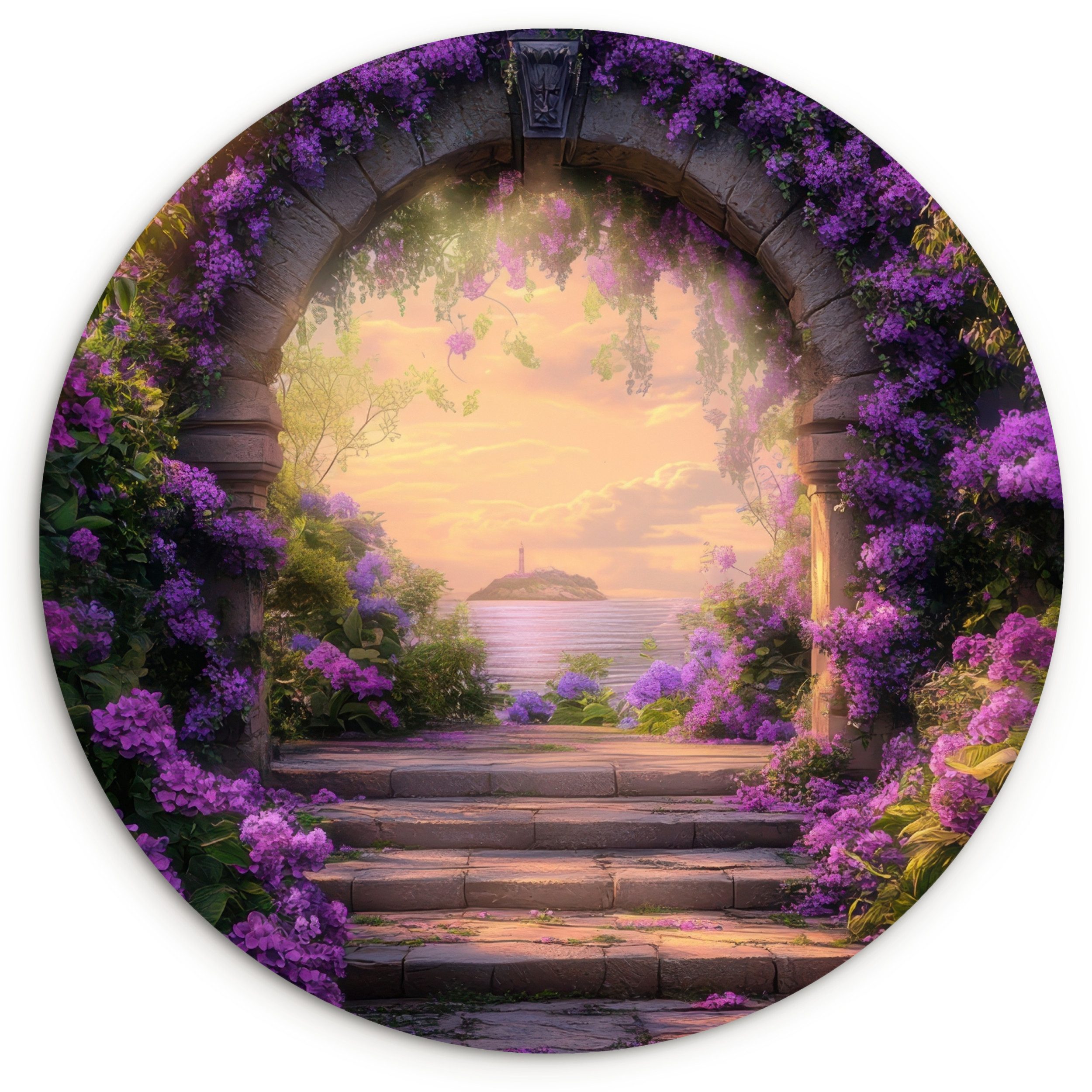 MuchoWow Gemälde Tor - Lila - Blumen, Fotodruck (1 St), Kreis Wanddekoration, Rundes Wandbild, 30x30 cm
