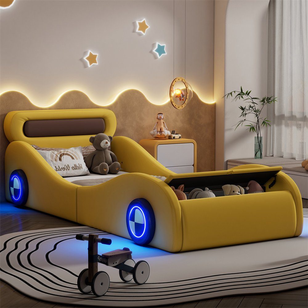XDeer Youth Bed 90x200cm Single Bed, Children's Bed, Youth Bed, Upholstered Bed Car Shape with Light-Up Wheels Storage Space
