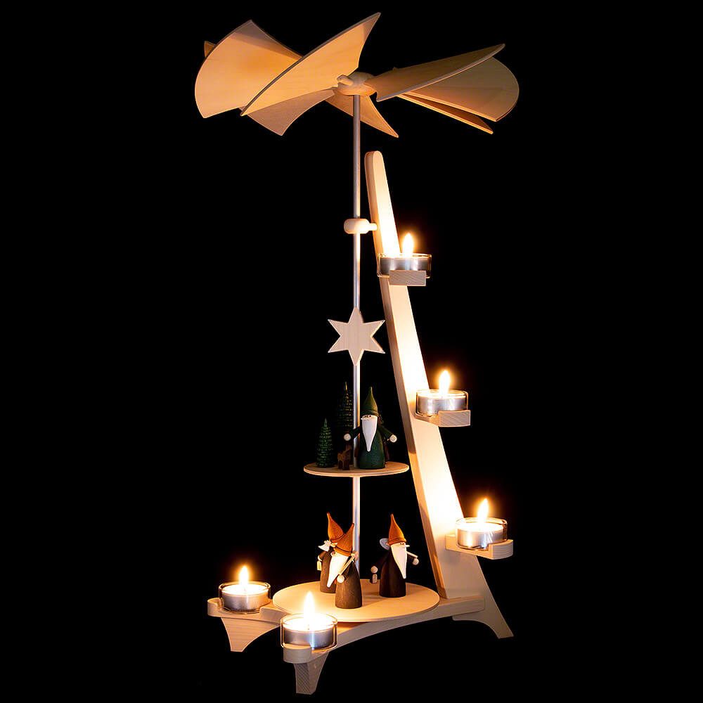 Seiffener Volkskunst Weihnachtspyramide 2-stöckige Pyramide L-Form Bergwichtel und Jägerwichtel (50cm) von Sei