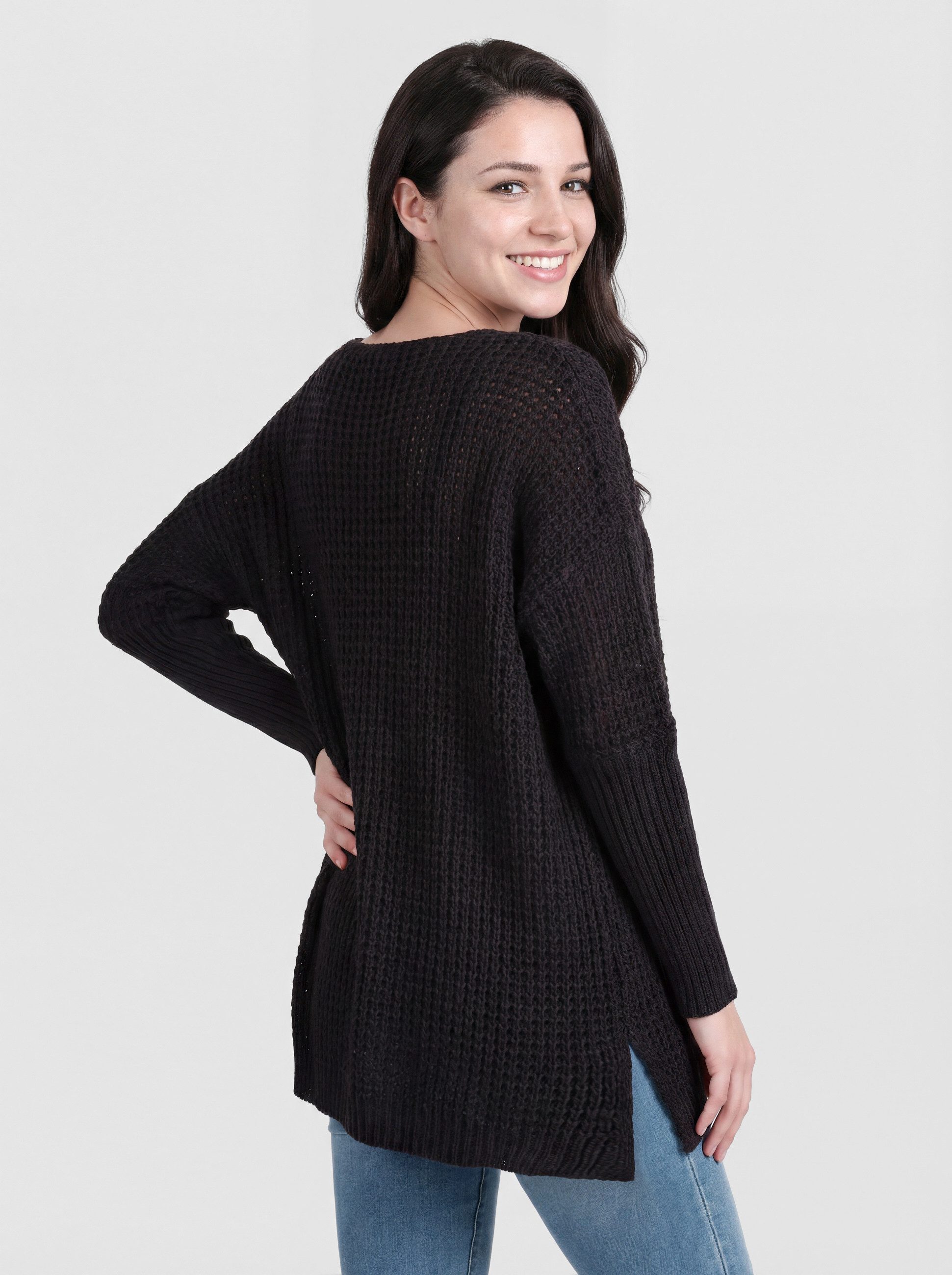 PEKIVESSA Strickpullover Oversize Grobstrick-Pullover mit V-Ausschnitt am Ärmel breiter Rippstrick