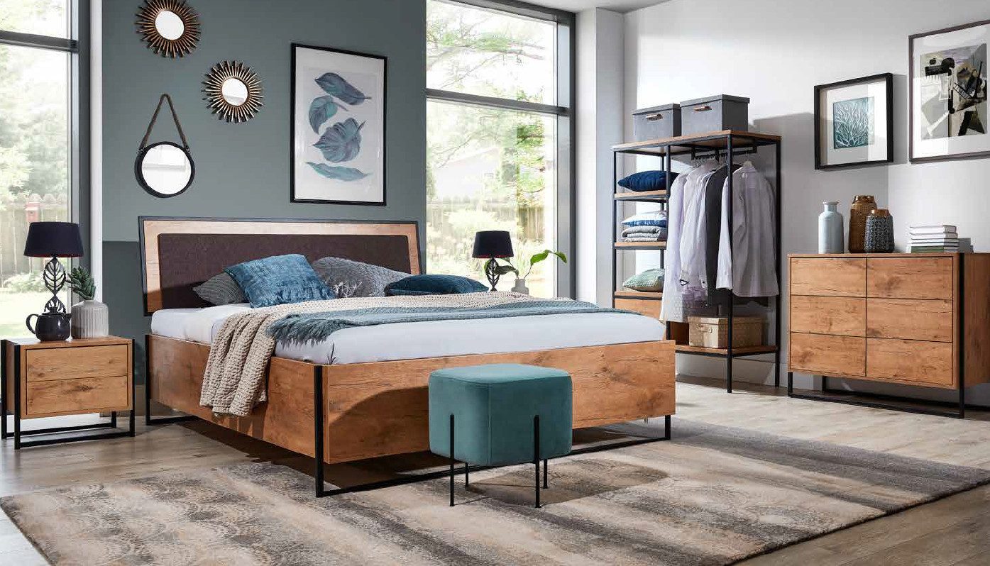Xlmoebel Schlafzimmer-Set Loft-Stil Schlafzimmermöbel aus hochwertigem Holz mit Bett und Schrank, (1-tlg., Bett + Nachttisch + Hocker + Kommode + Kleiderschrank), Hergestellt in Europa