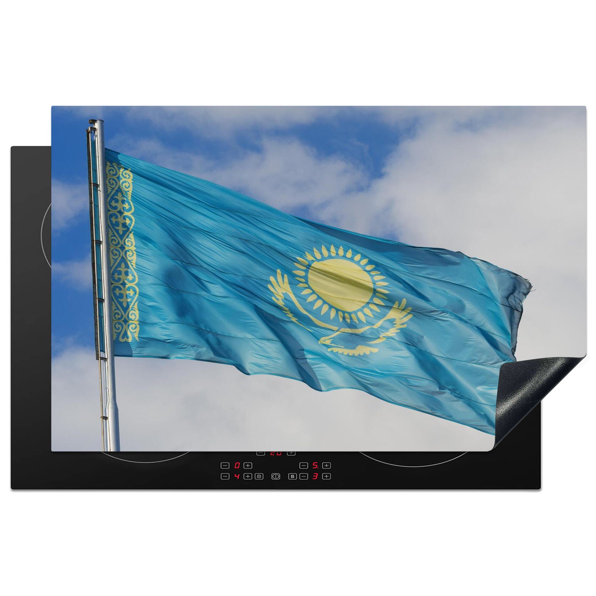 MuchoWow Herdblende-/Abdeckplatte Flagge von Kasachstan im Wind, Vinyl, (1 tlg), 81x52 cm, Induktionskochfeld Schutz für die küche, Ceranfeldabdeckung