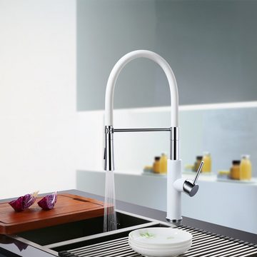aihom Küchenarmatur Wasserhahn für Küche mit Weiß Flexibler Auslauf mit Brause Chrom Weiß/Silber