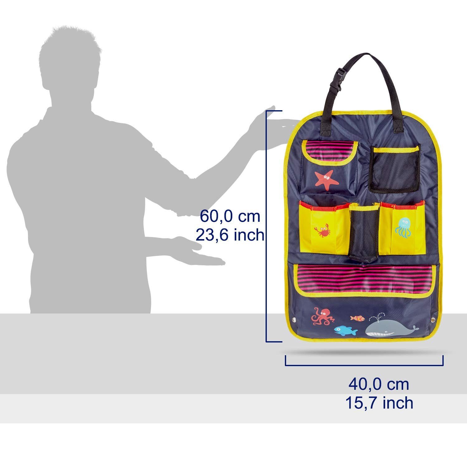 CARTO Kofferraummatte Farbenfrohe Kindersitztasche - Aufbewahrung &  Sicherheit (60 bytes), Bunte Rücksitztasche für Kinder im Auto - Organizer  & Schutz