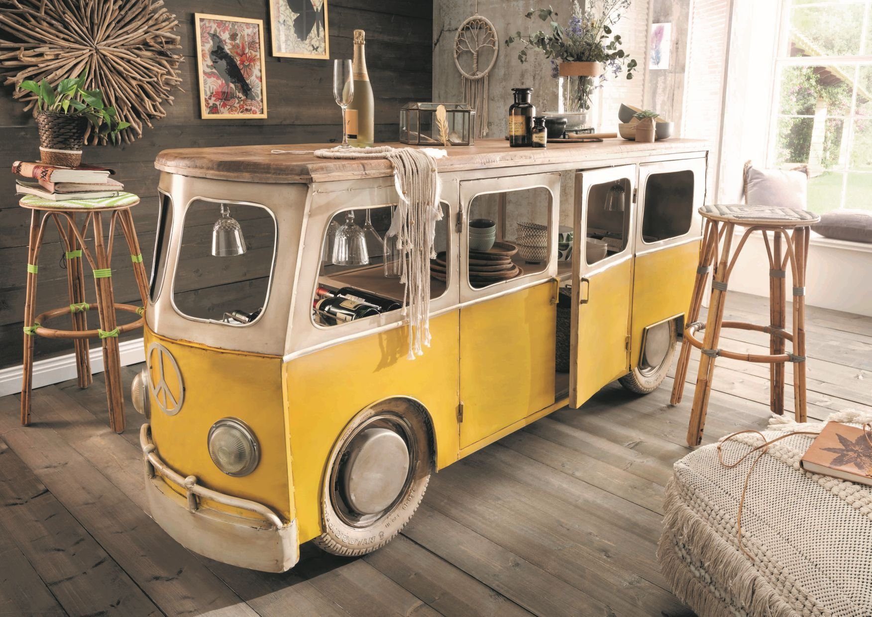 More2Home Tresentisch Unikat-Fahrzeug-Ladentheke BUS, Metall gelb-weiß / Mangoholz
