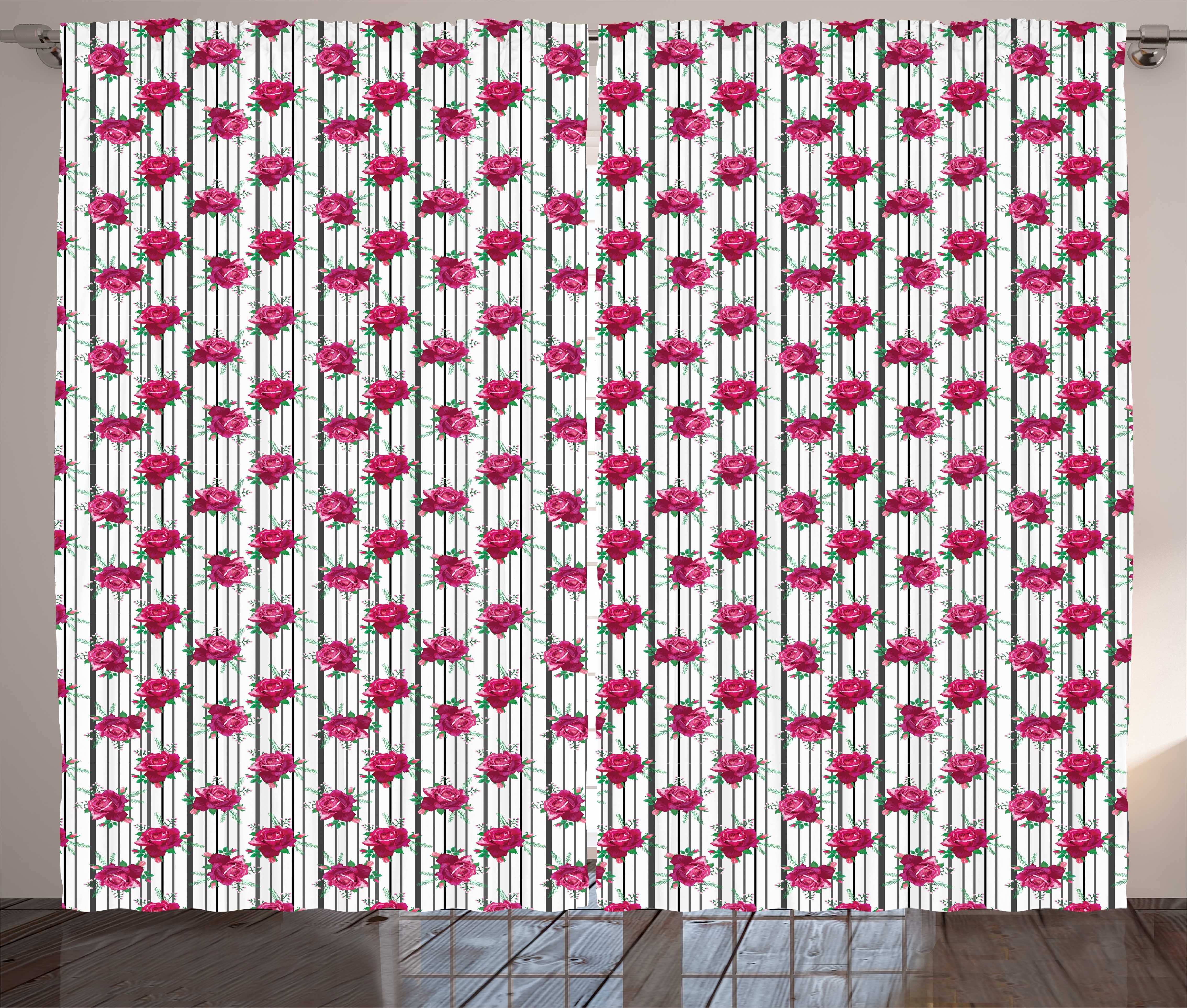 Gardine Schlafzimmer Kräuselband Vorhang mit Schlaufen und Haken, Abakuhaus, Rosen Blumenstrauß mit Knospen auf Streifen