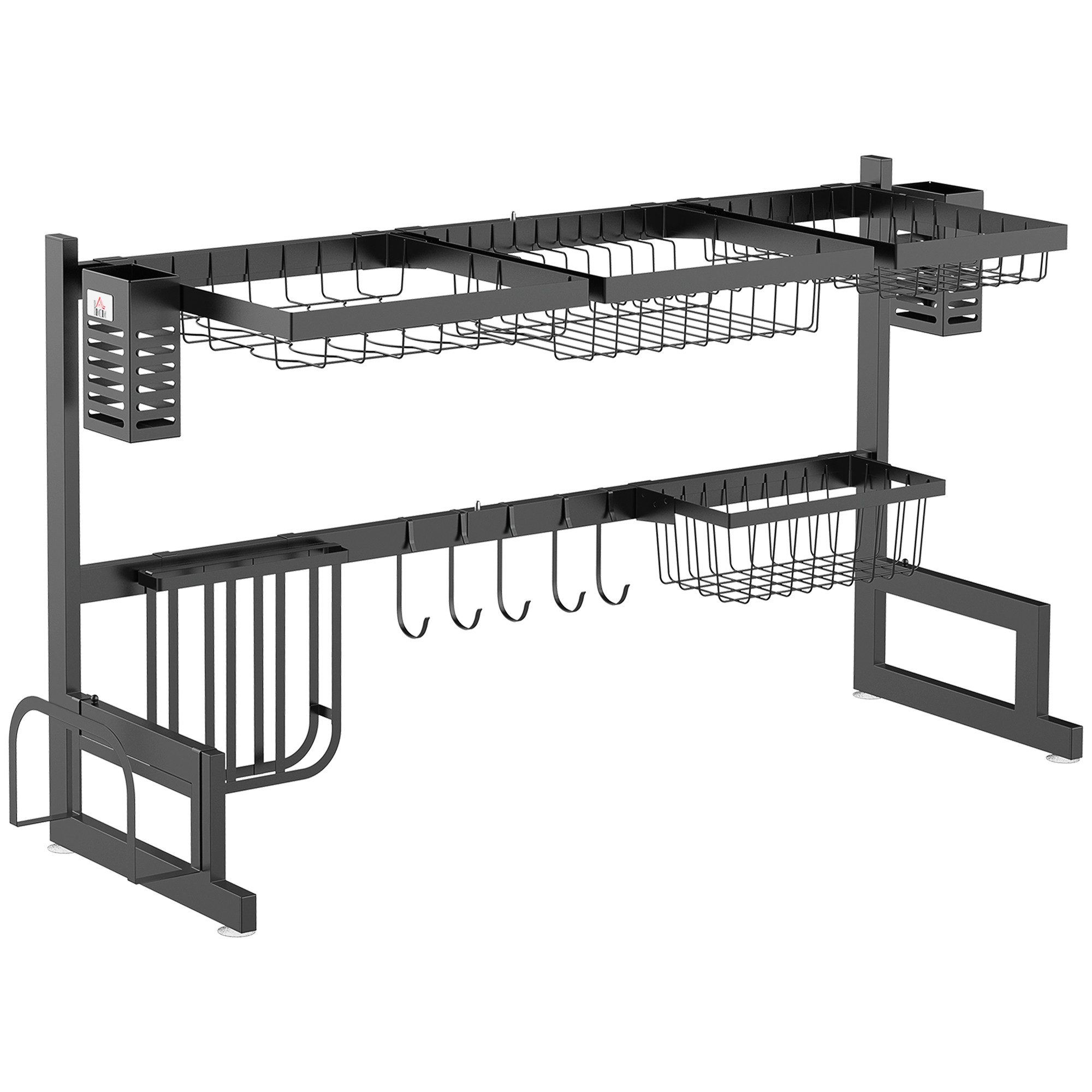 HOMCOM Geschirrständer Abtropfgestell für Geschirr über der Spüle, mit 2 Ebenen, Zubehör für Spülbecken, Stahl, 93 x 30 x 52,5 cm, Schwarz