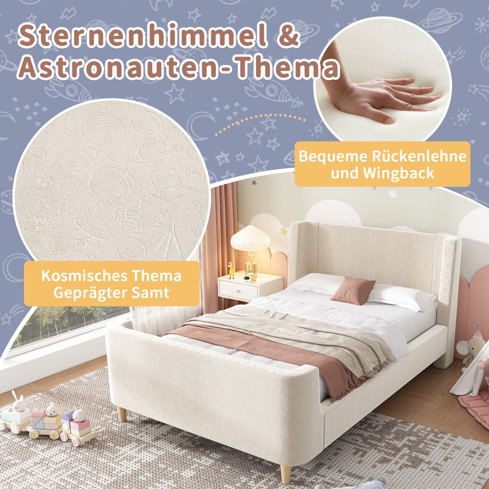 Flieks Polsterbett, Kinderbett Einzelbett 90x200cm mit kosmischem Muster Samt