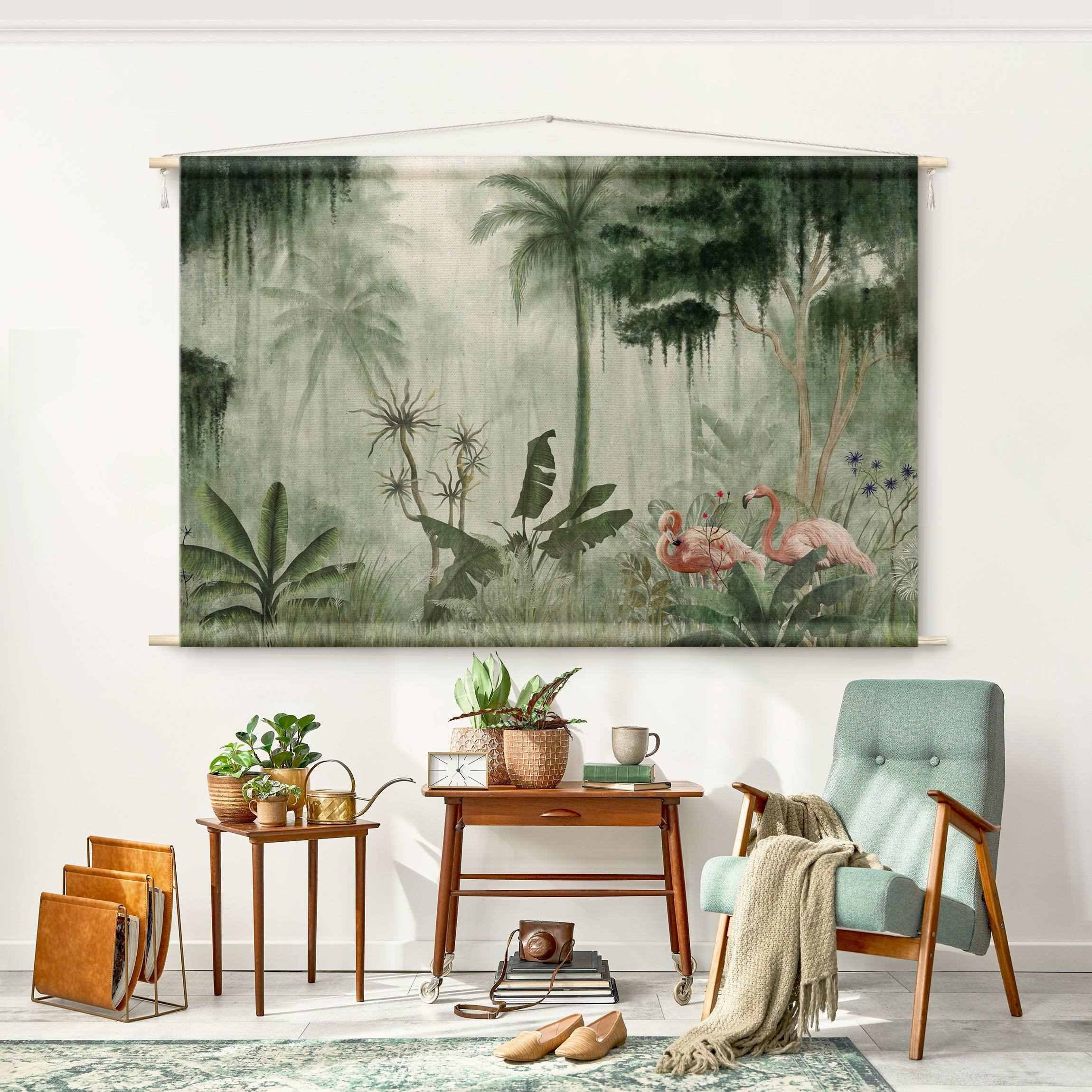 Bilderdepot24 Wandteppich modern Wald Tropisch Dschungel Natur Tiere Vögel grün, rechteckig, Höhe: 2.6 mm, großes Wandbild aus Natur-Baumwolle Wandbehang Stoffbild Tuch Wollseil