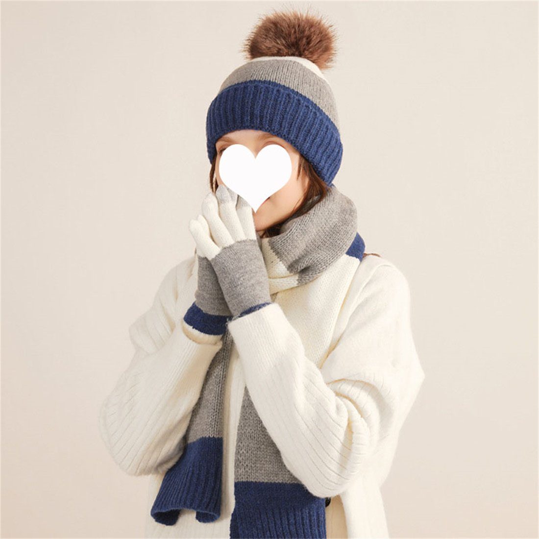 DÖRÖY Strickmütze Winter Bunte Modische Wollmütze, Warme Mütze Schal Handschuhe 3er Set Weiß + Blau