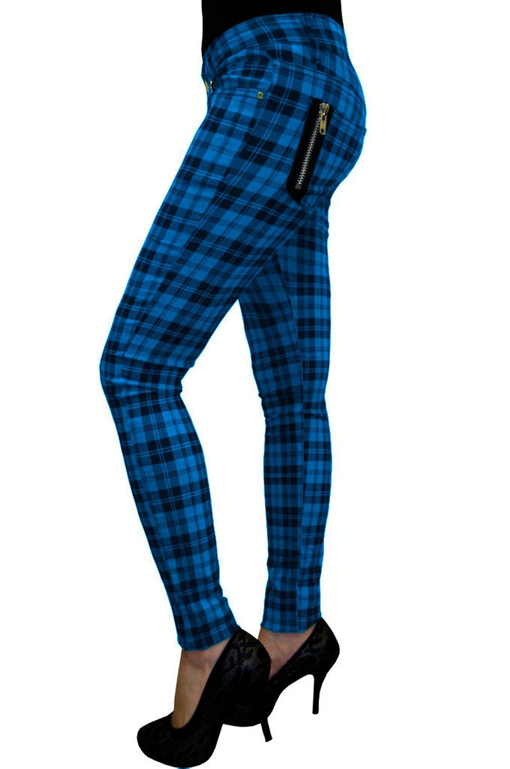 Banned Röhrenhose Forever Yours Blau Skinny Jeans Kariert Tartan