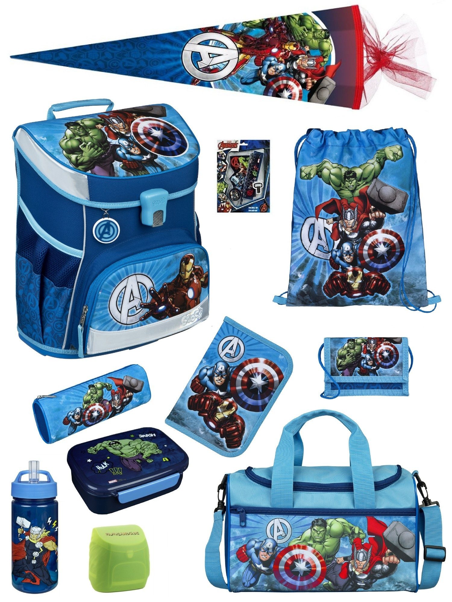 Scooli Schulranzen Campus Fit Avengers Schultasche, ab 1. Klasse, 980 Gramm, 18L Fassung (Komplett-Set, 15-tlg., mit Lunch-Set, Sporttasche, Schultüte 85cm und Schreibset), leicht, ergonomisch, robust