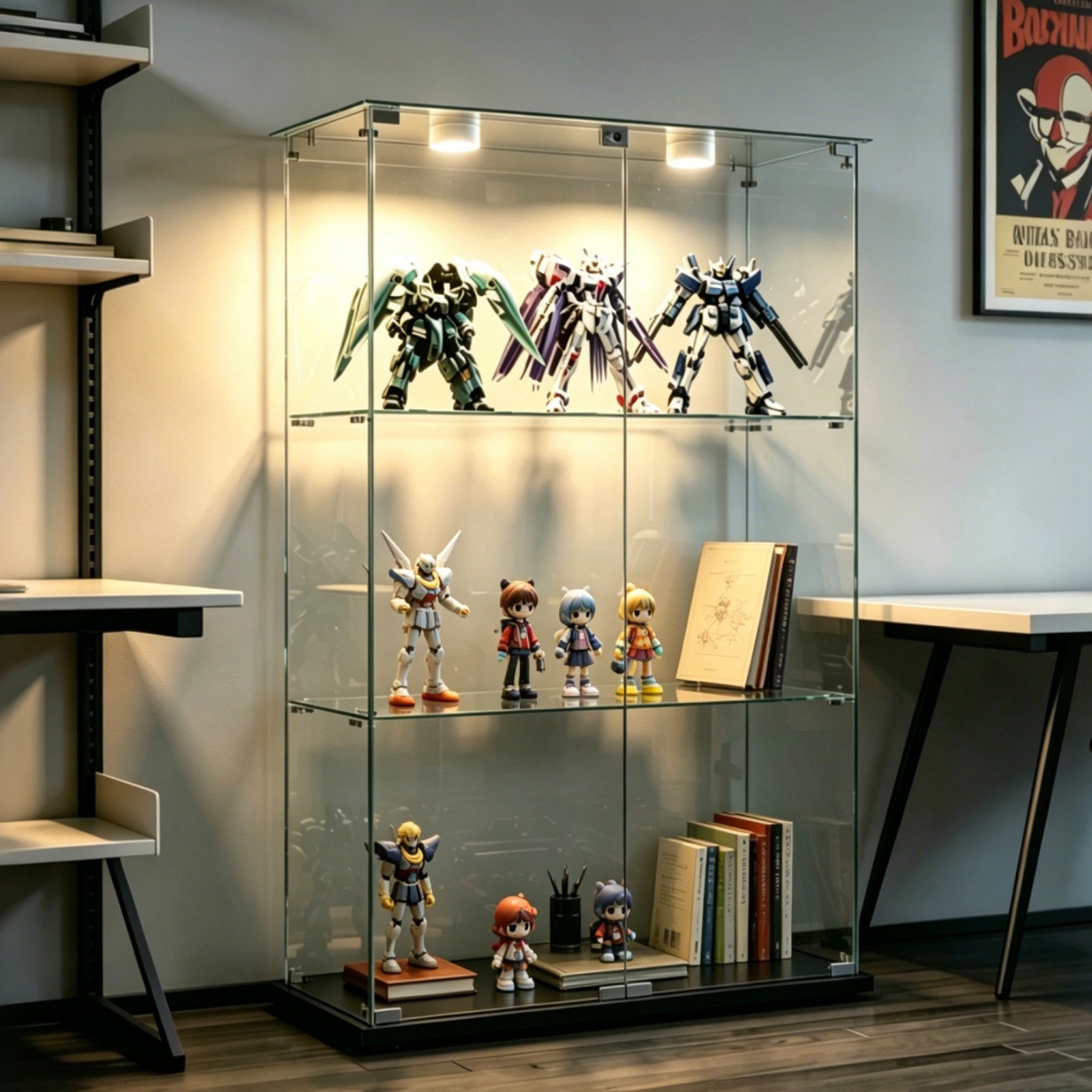 Simurq Glasvitrine Standvitrinen mit LED Beleuchtung Vitrinenschrank mit Glastür (glas vitrine mit 2 Glastür und 3 Lagen,Schloss,Kippsicherung) Sammlervitrine aus gehärtetes Glas,Modernes rahmenloses Design