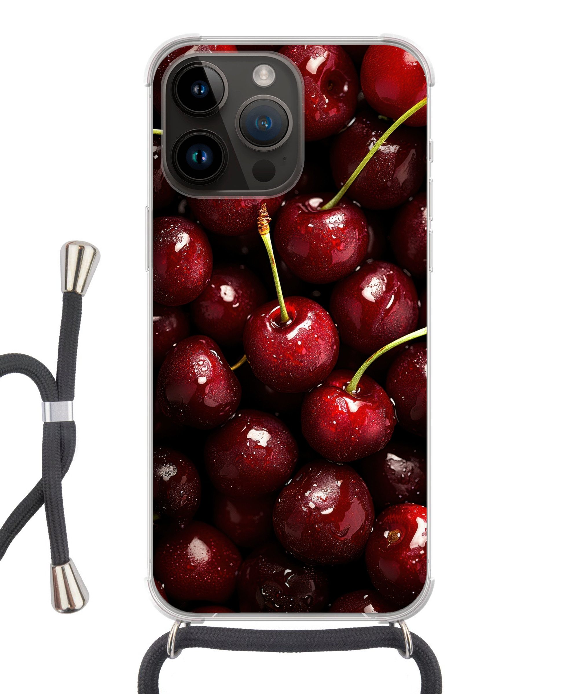 MuchoWow Handyhülle für Apple iPhone 14 Pro Rot - Obst - Kirsche, Tragbare Handyhüllen mit Kette zum umhängen, Handykette Handyband