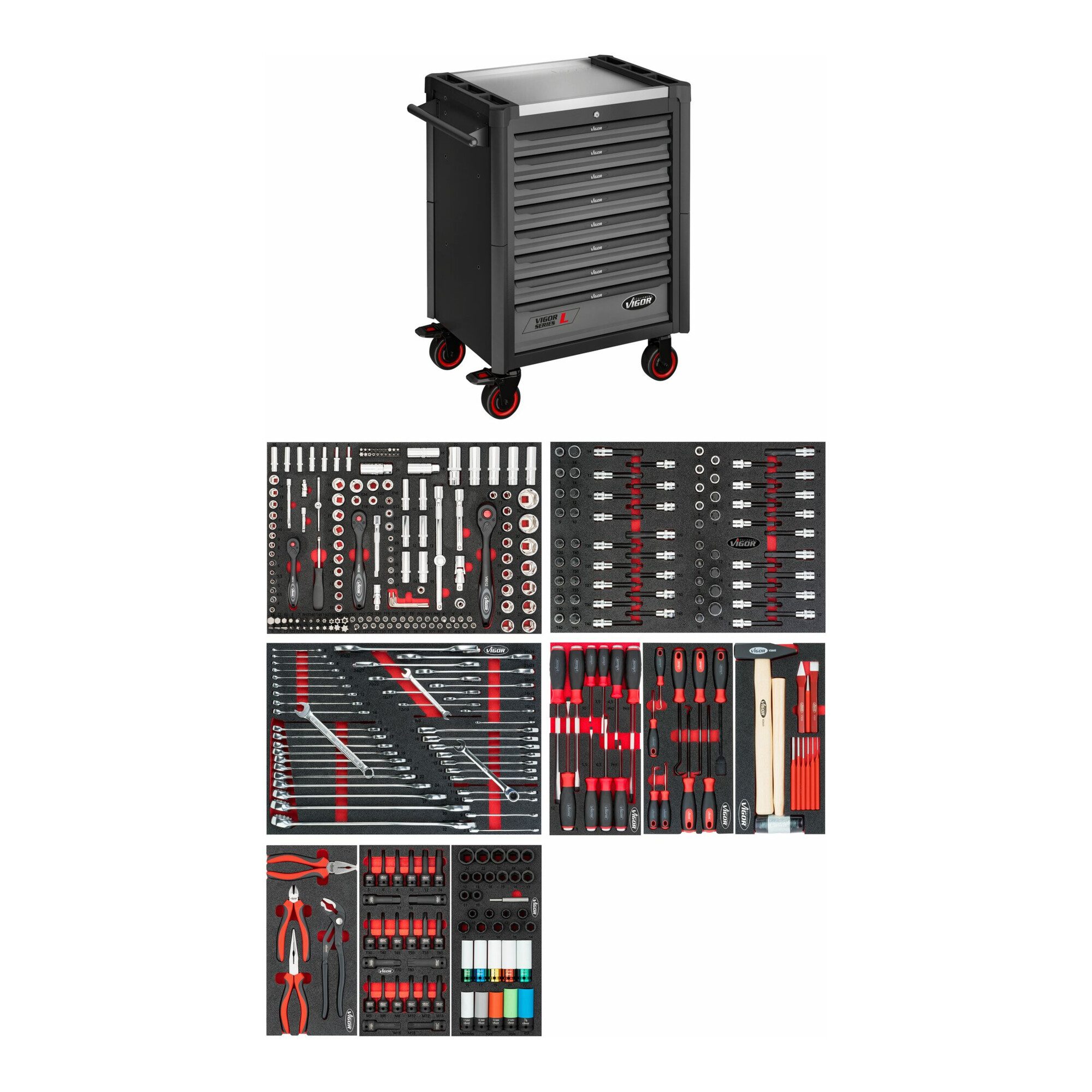 VIGOR Werkstattwagen VIGOR Werkstattwagen SeriesL, mit Sortiment, V1901-X/376, 376-teilig