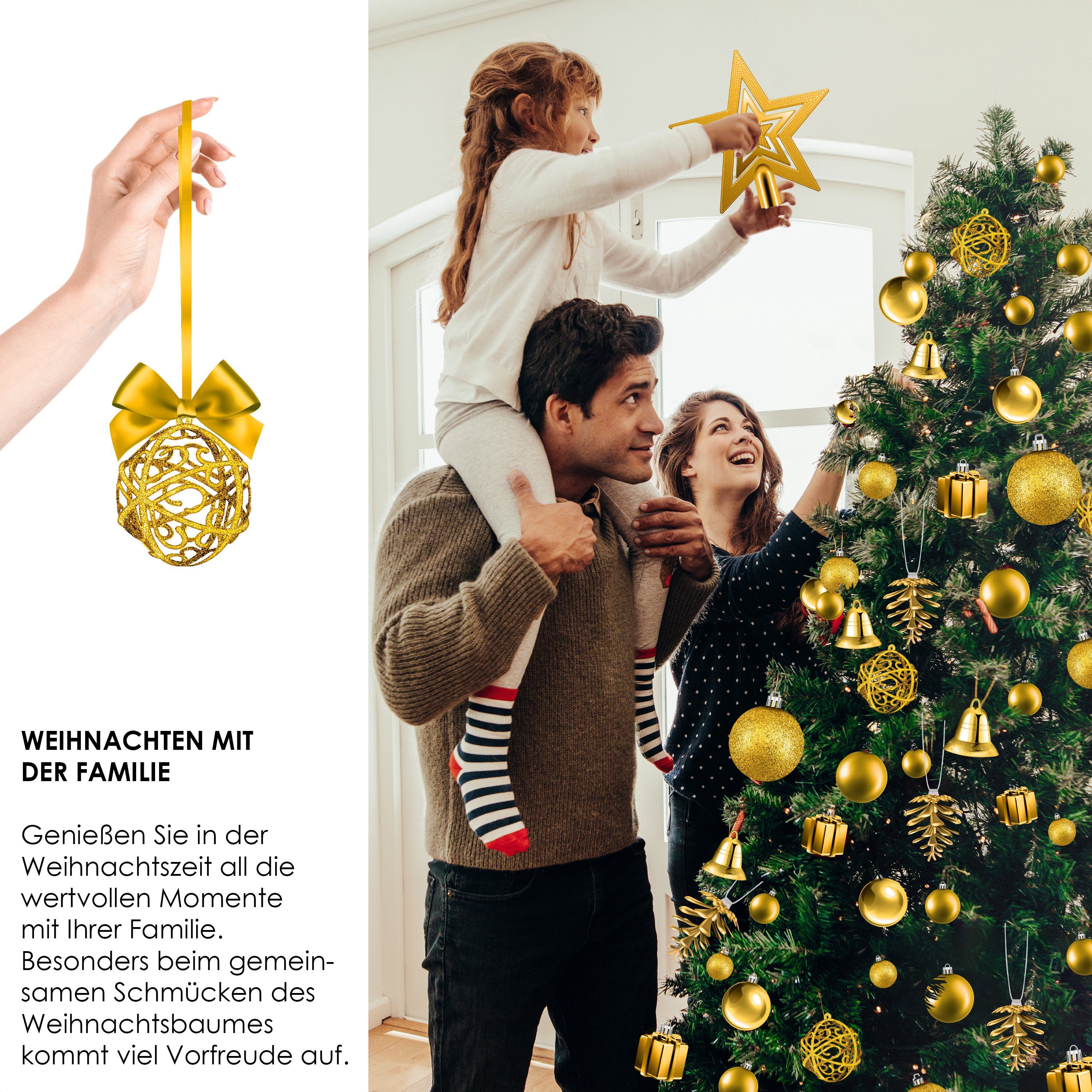 102-teiliges Weihnachtskugeln Christbaumkugeln Christbaumschmuck (102-tlg), KESSER Baumspitze Set gold