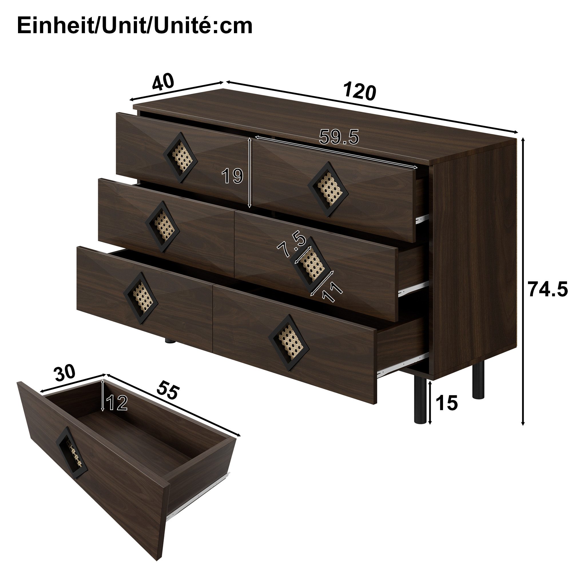 Merax Sideboard Aufbewahrungsschrank Anrichte mit Rattan-Griffen (1 St), Kommode mit 6 Schubladen, Stauraum & Metallbeine, 120x40x74cm