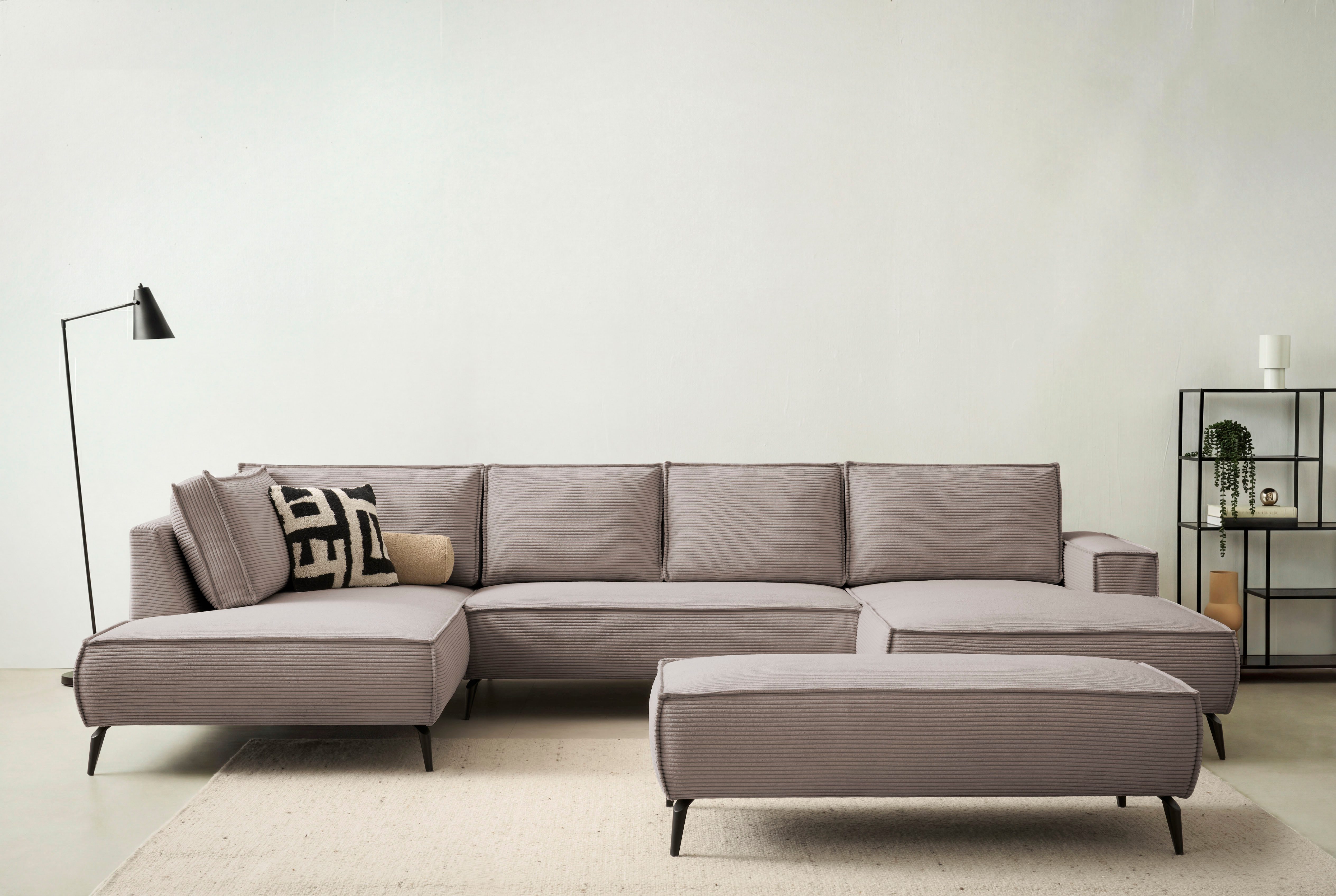 Home affaire Wohnlandschaft mit Hocker, TVINNU, moderne U-Form in Cord oder Leinenoptik, Set 2 Teile, Recamiere rechts/links, stellbar zum Schlafsofa (Krokodilverbinder)