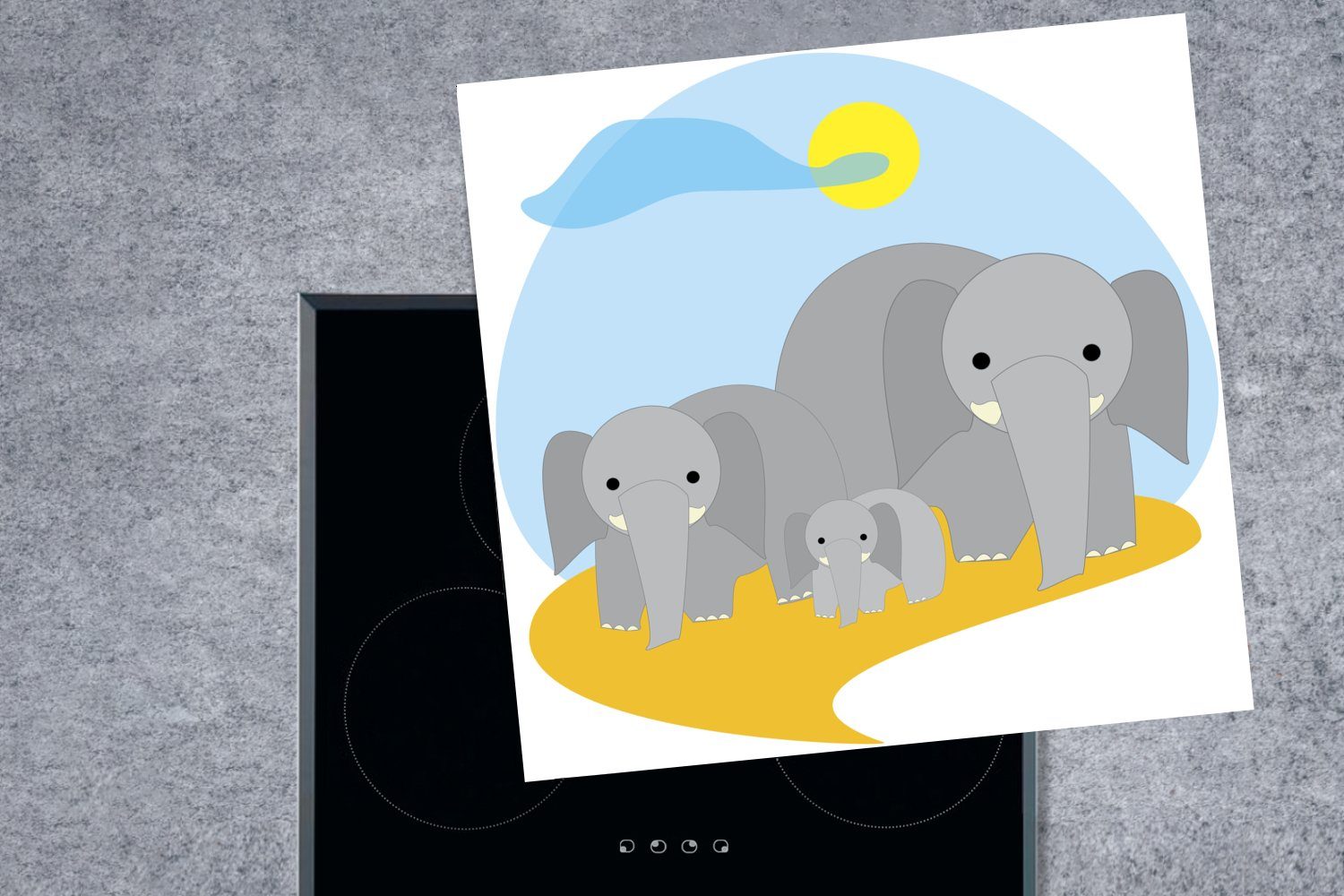 drei die Elefanten, küche stehen, Feld Illustration Herdblende-/Abdeckplatte für auf tlg), Eine von cm, Ceranfeldabdeckung, Vinyl, Arbeitsplatte (1 78x78 einem MuchoWow