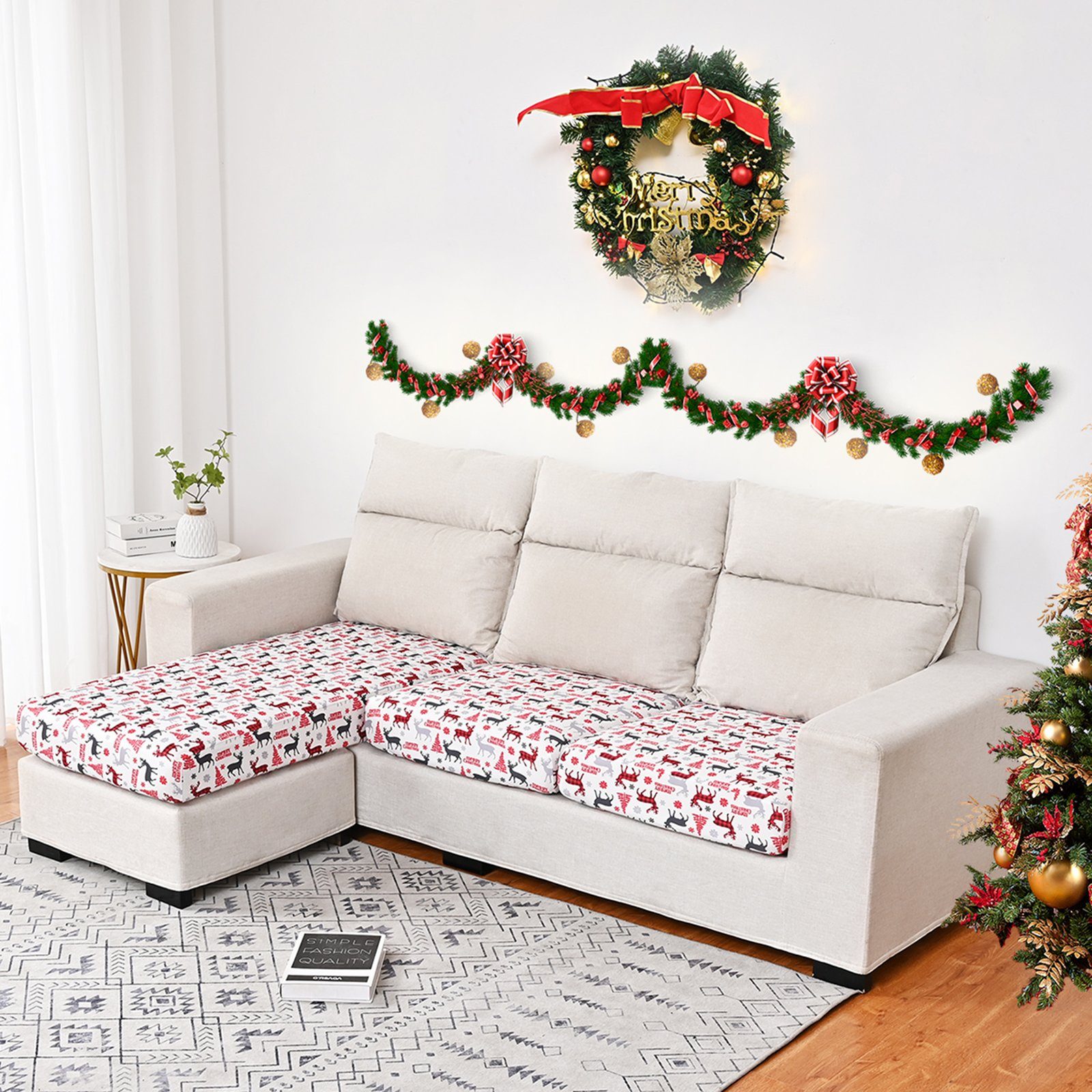 elastischem Sofahusse Sofa, mit 1 Weiß Weihnachtsmotiv, für L-Form Boden, Rosnek