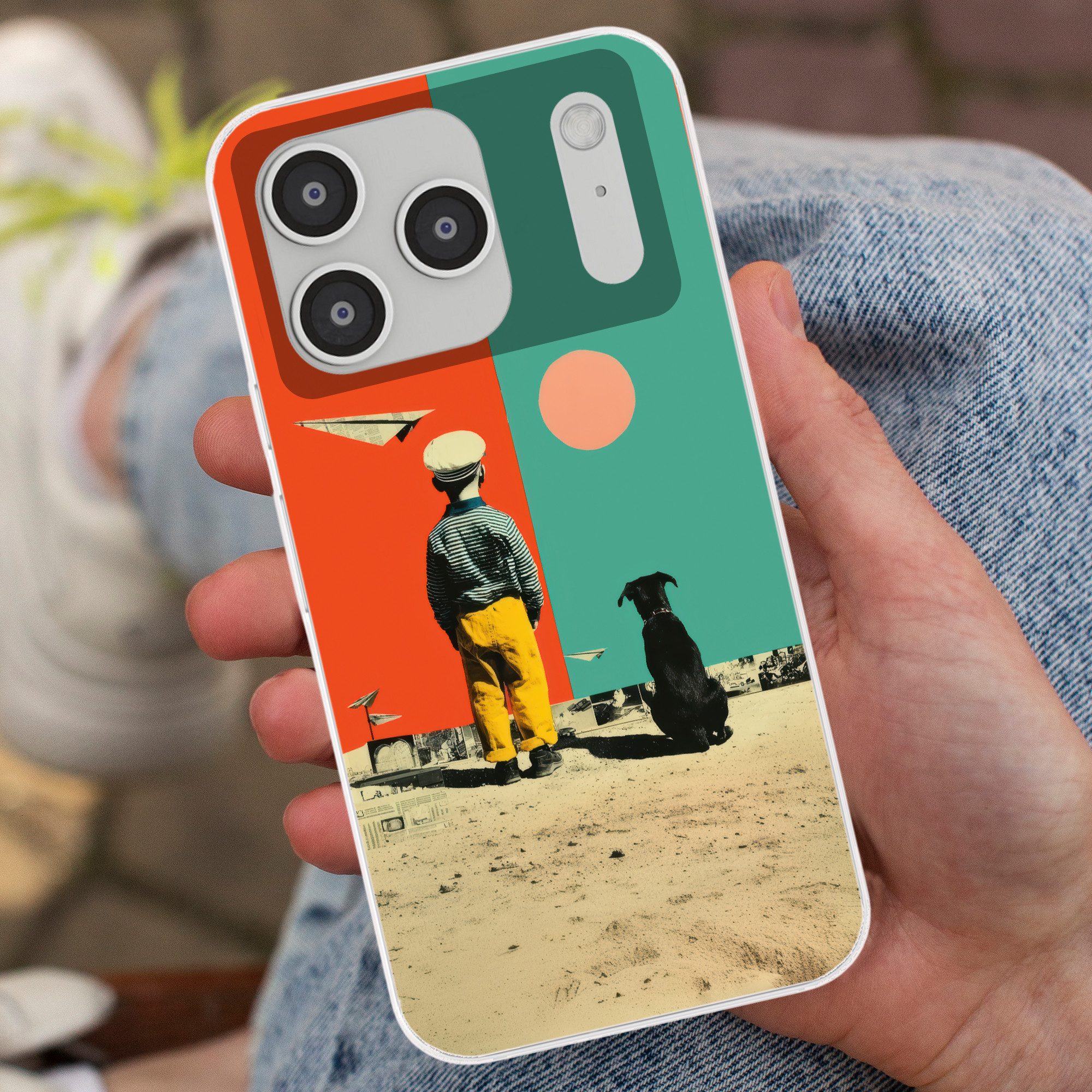 MuchoWow Handyhülle für Apple iPhone 17 Pro Retro - Junge - Hund - Rot - Grün, Smartphone-Bumper, Print, Handy Schutzhülle Dünn