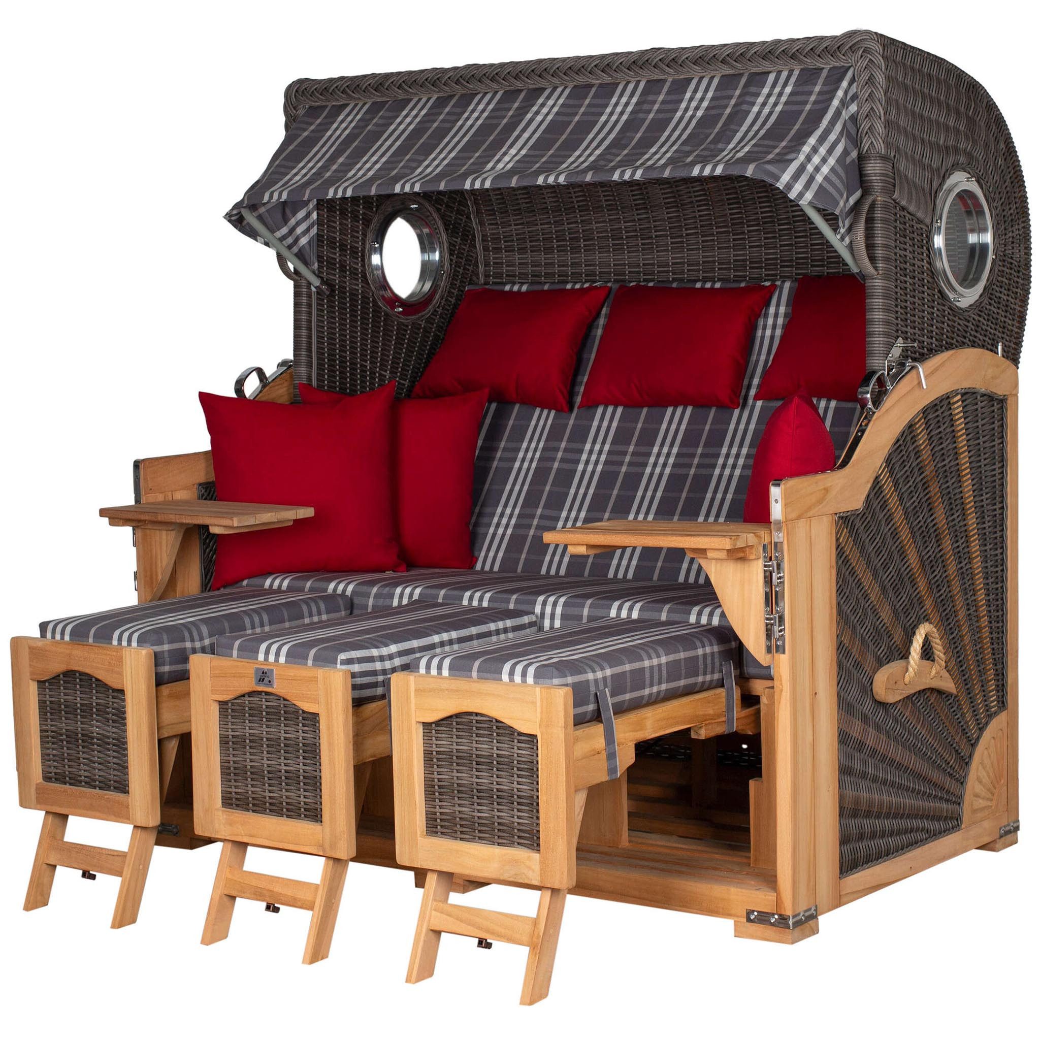 deVries PURE® Strandkorb Seemöwe XXL - PE stone grey - Dessin 188, BxTxH: 165x95x163 cm, Halblieger, Ostsee-Strandkorb, (Strandkorb-Komplettset, 2-tlg., 3-Sitzer Strandkorb mit Polstern und Premium-Schutzhaube), Windschutzfolie, bequeme Kissenausstattung, Schutzhülle