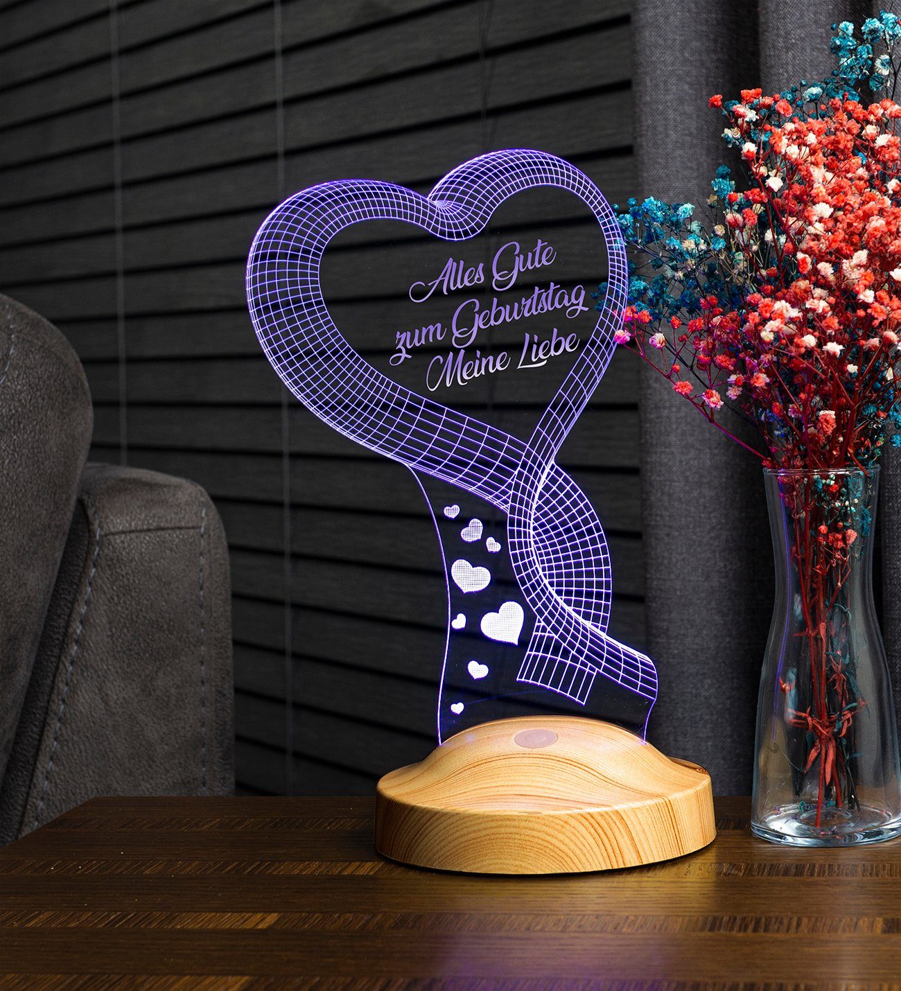 Geschenkelampe LED Nachttischlampe Ein Herz 3D Gravur mehrfarbige Geburtstagsgeschenk, Leuchte in 7 Farben fest integriert, Geburtstag Geschenk für, Partnerin, Ehefrau, Freundin