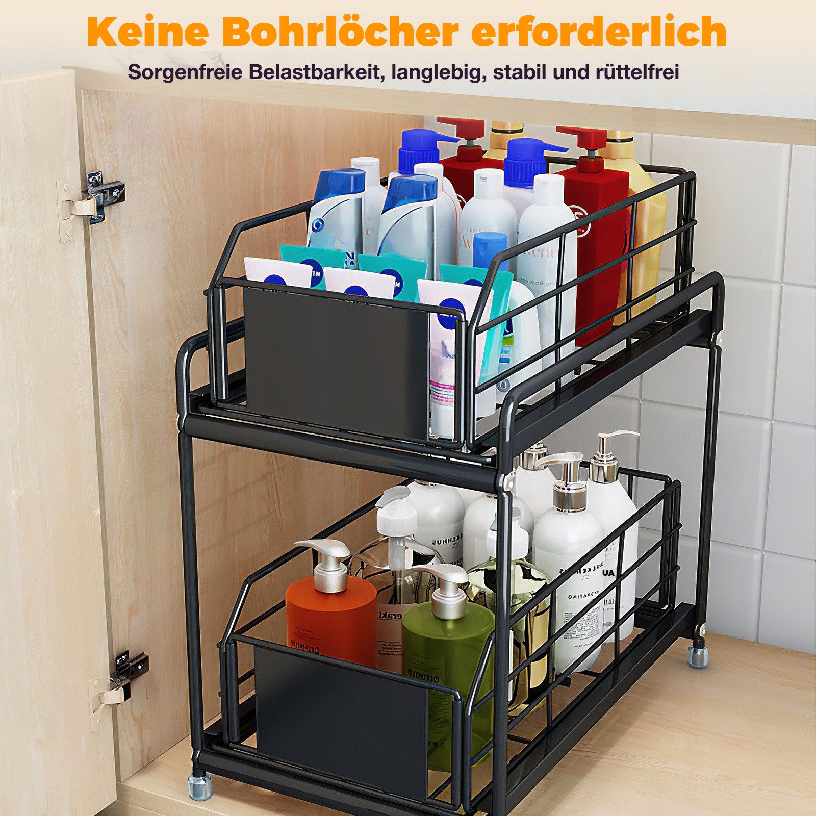 BlingBin Küchenorganizer-Set 2 Etagen Teleskopschublade aus Metall, Ausziehbarer Küchenregal, (1er Set, 1-tlg., Abmessungen: 36 × 32 × 19 cm), Ausziehbarer Kohlenstoffstahl Gewürzregal für Küche Badezimmer,Schwarz