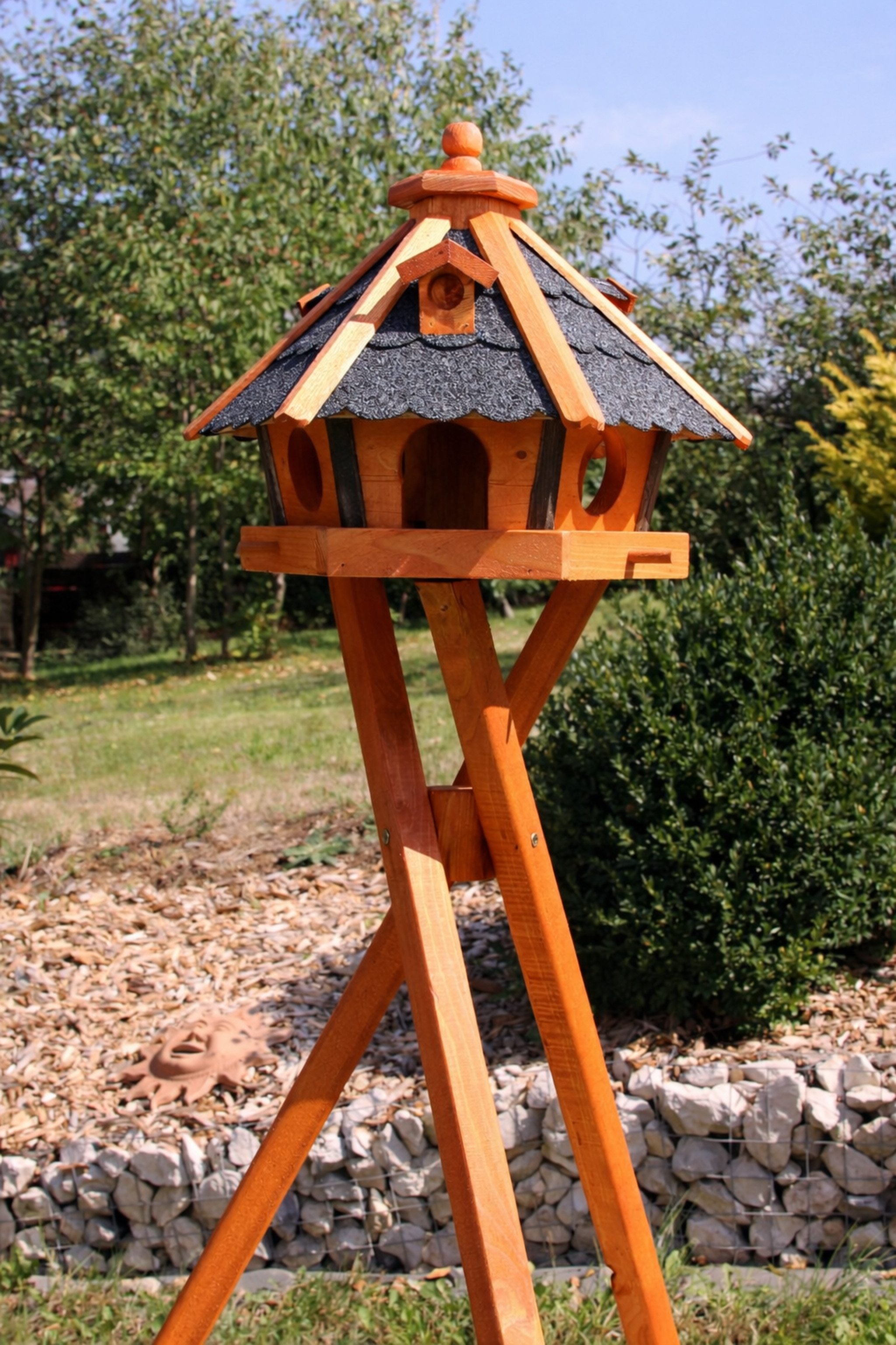 Holzdekoladen Vogelhaus Vogelhaus Holz wetterfest mit Futterautomat – mit/ohne Ständer/Solar