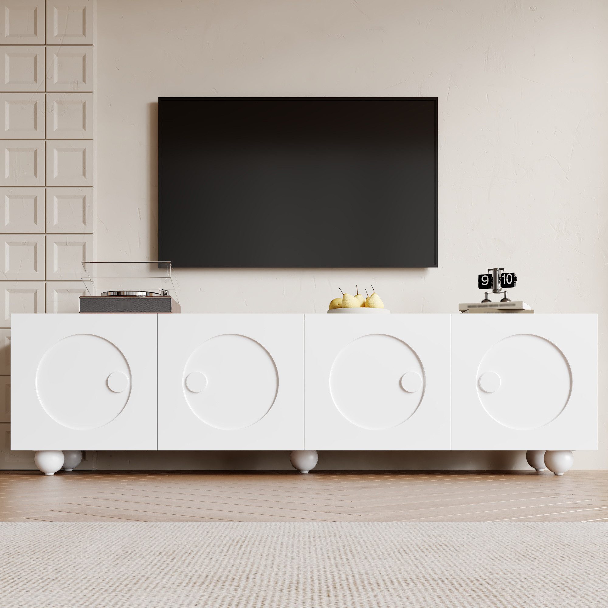 Merax Lowboard in Weiß (1 St., 180,5 x 38 x 50cm), TV-Schrank mit 4 3D-Rundrelief-Türen, Standfuß & Stauraum