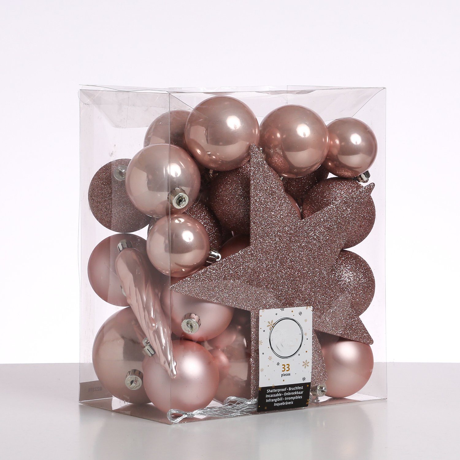 Weihnachtsbaumkugel Christbaumkugeln Weihnachtskugeln mit Stern Baumspitze rosa 33 Stück