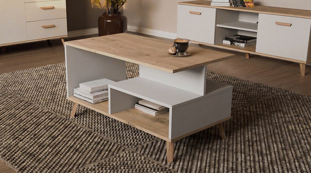 ibonto Couchtisch Couchtisch mit 2 Ablagen, Wohnzimmertisch mit Holzbeinen 90x48x49 cm (1 Couchtisch), Mit 2 offenen Ablagefächern