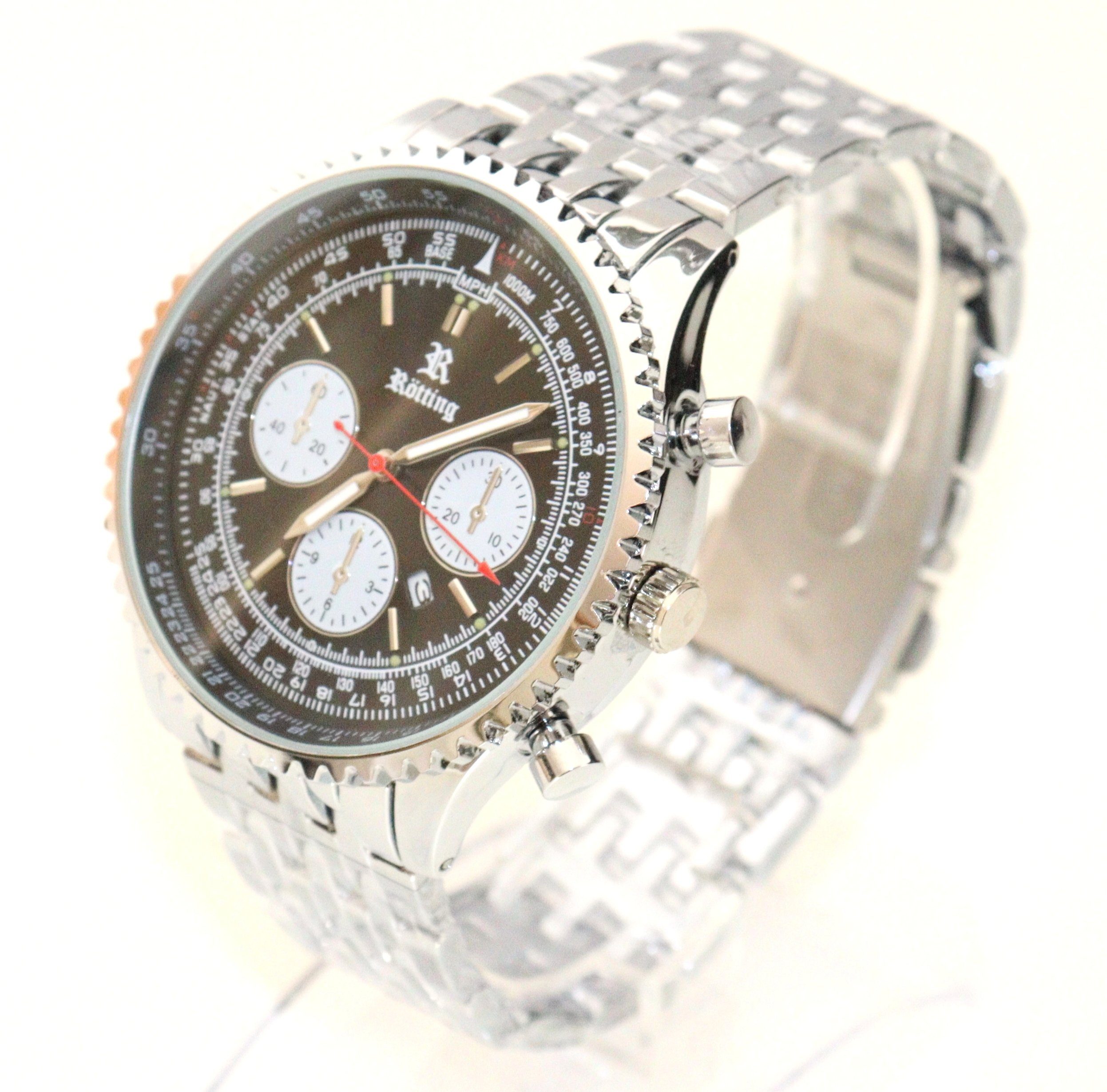 Rötting Design Quarzuhr Herrenuhr Quarz schwarzes Ziffernblatt in Flieger-Look Design DATUM, Handgelenkumfang wählbar zwischen 18 und 22 cm