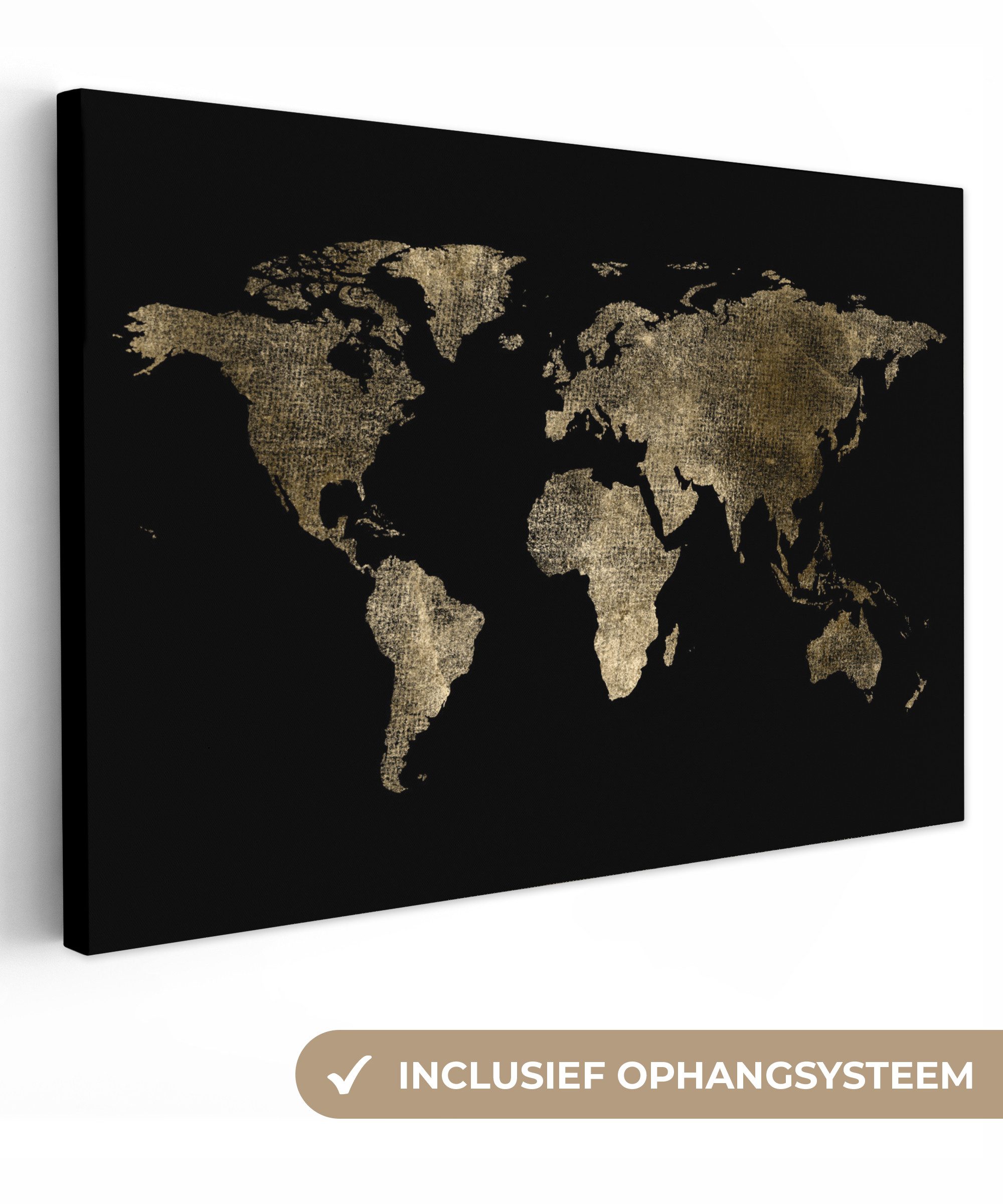 OneMillionCanvasses® Leinwandbild Weltkarte - Gold - Schwarz - Erde - Luxus, Fotodruck (1 St), Wandbild XXL für Wohnzimmer Küche 120x80 cm